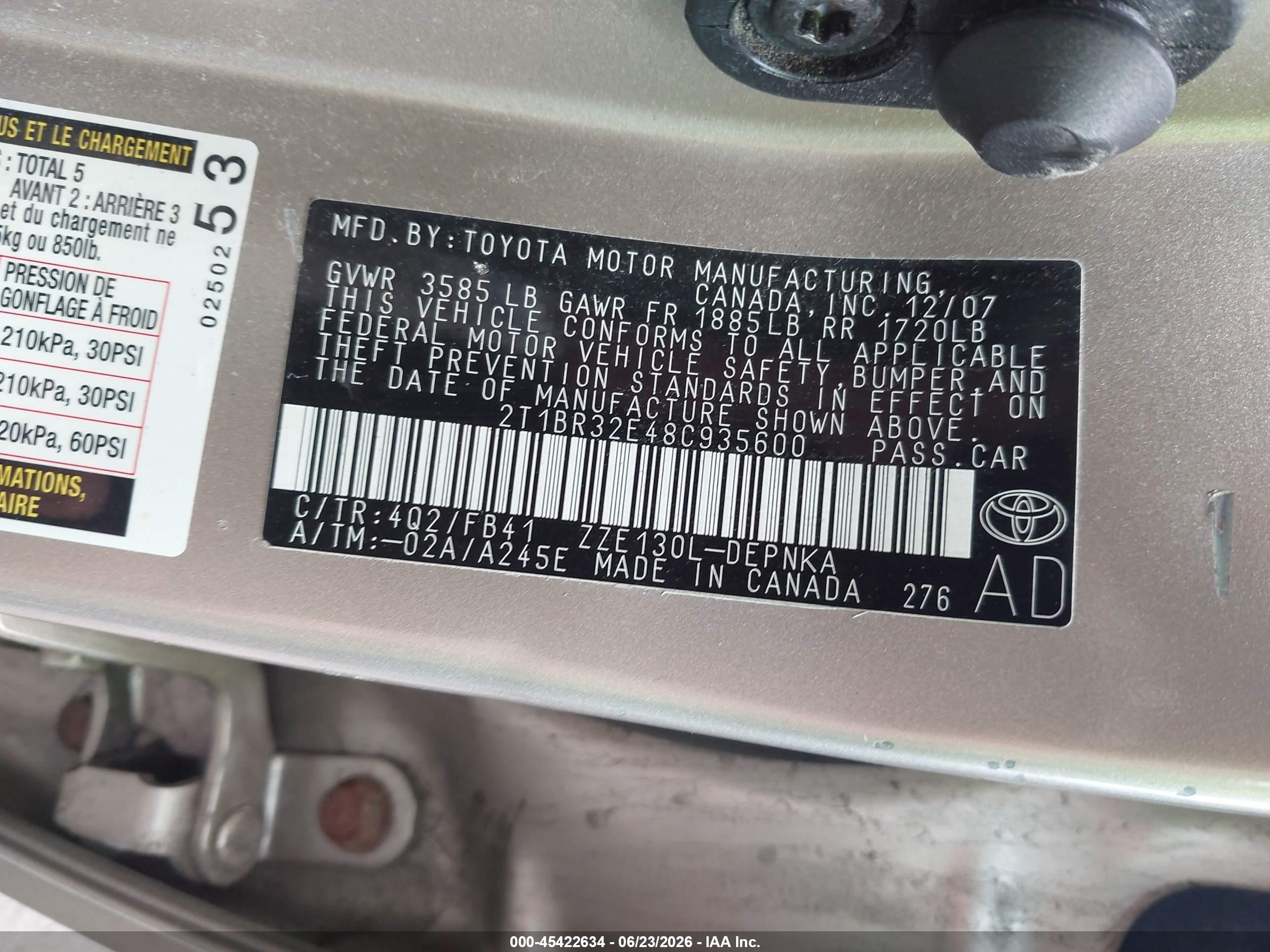 2008 Toyota Corolla Le Tan vin: 2T1BR32E48C935600