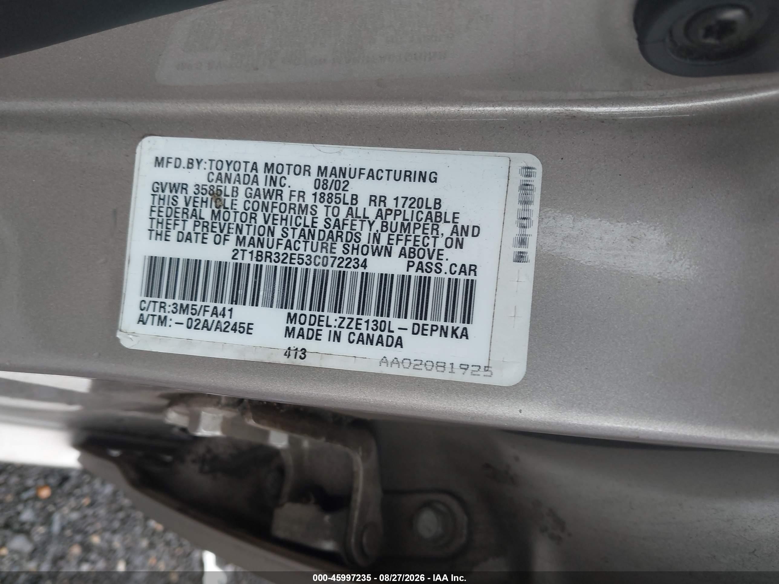 2003 Toyota Corolla Le Tan vin: 2T1BR32E53C072234