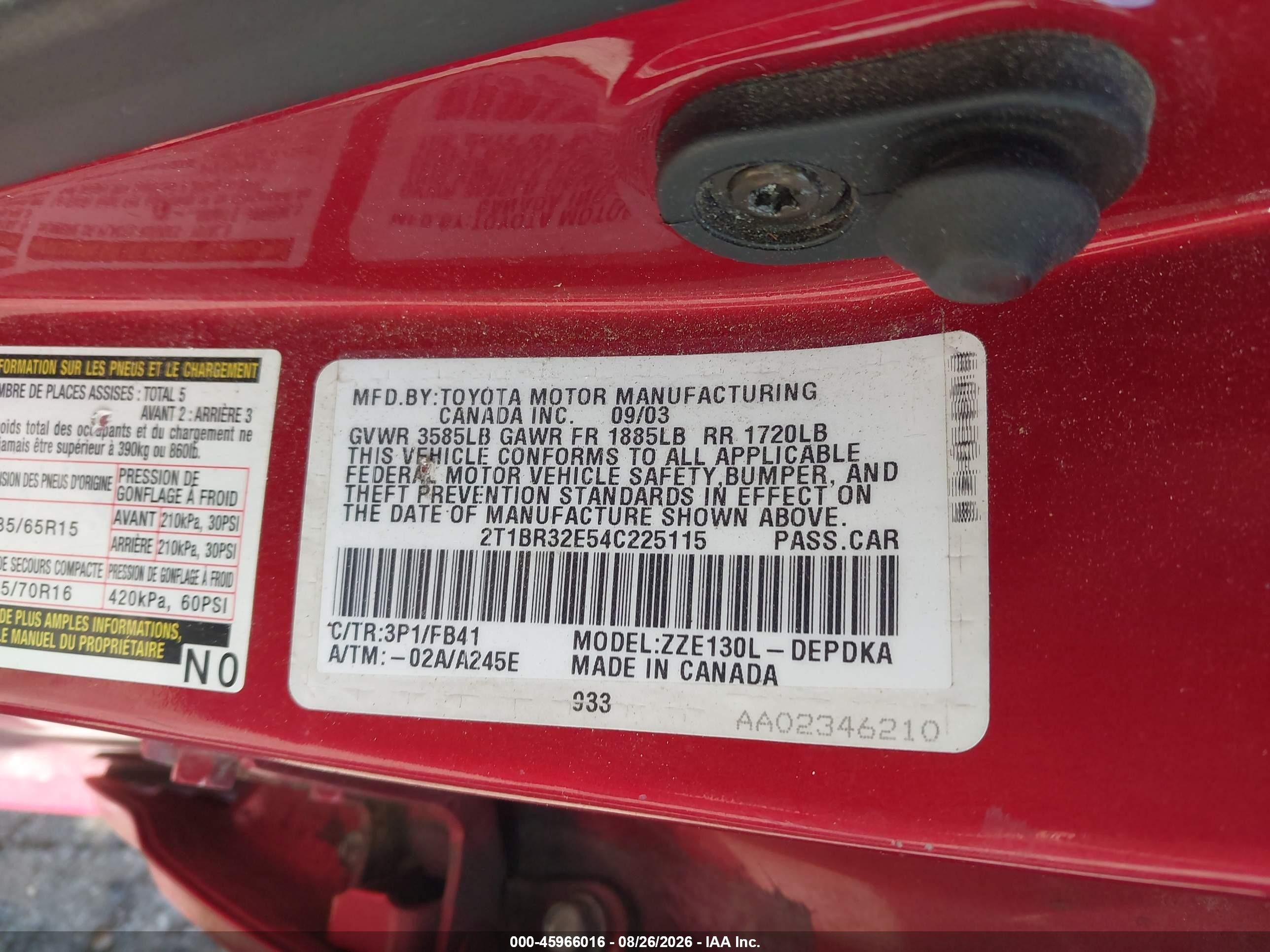 2004 Toyota Corolla Ce Red vin: 2T1BR32E54C225115