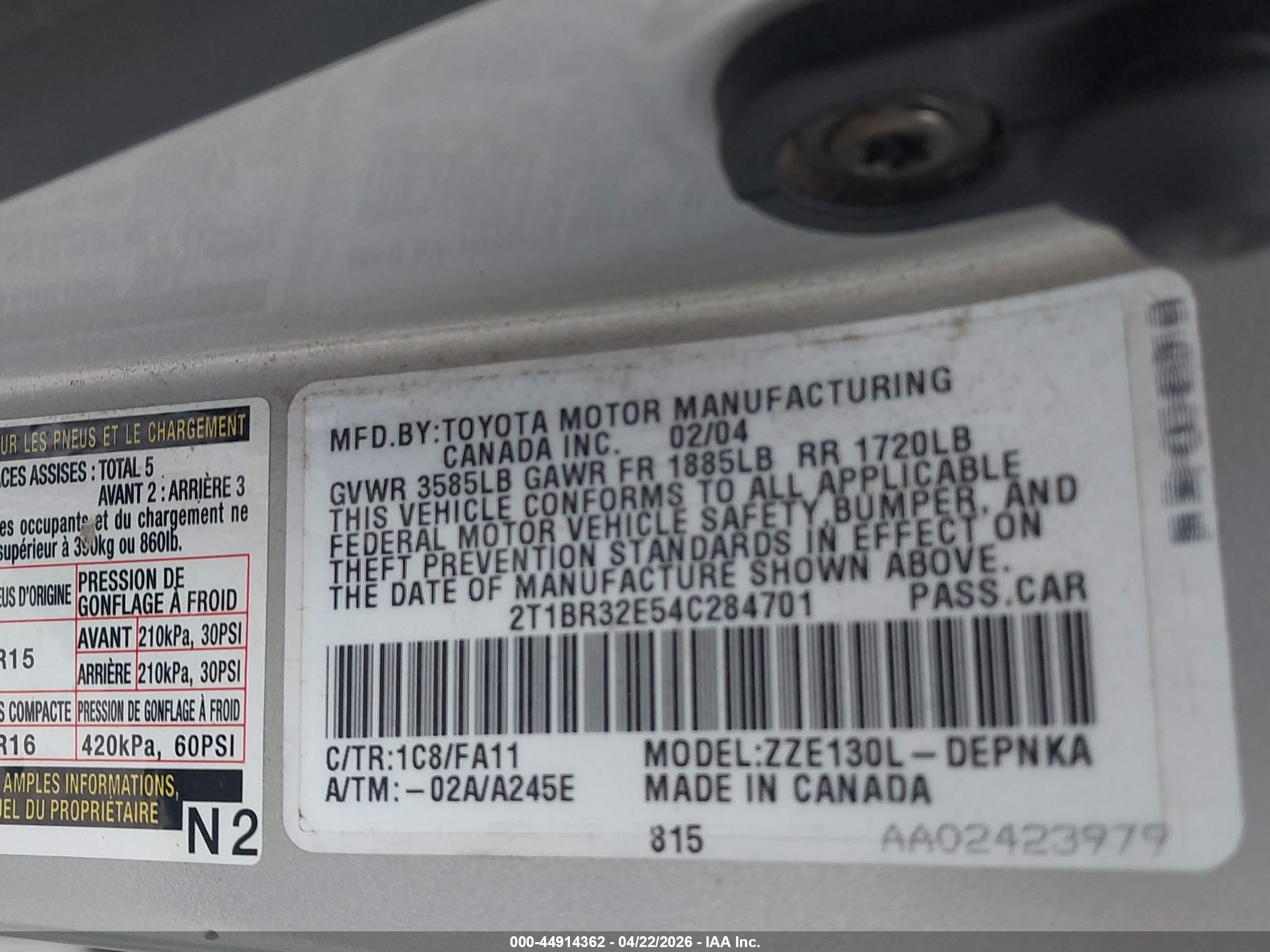 2004 Toyota Corolla Le Silver vin: 2T1BR32E54C284701