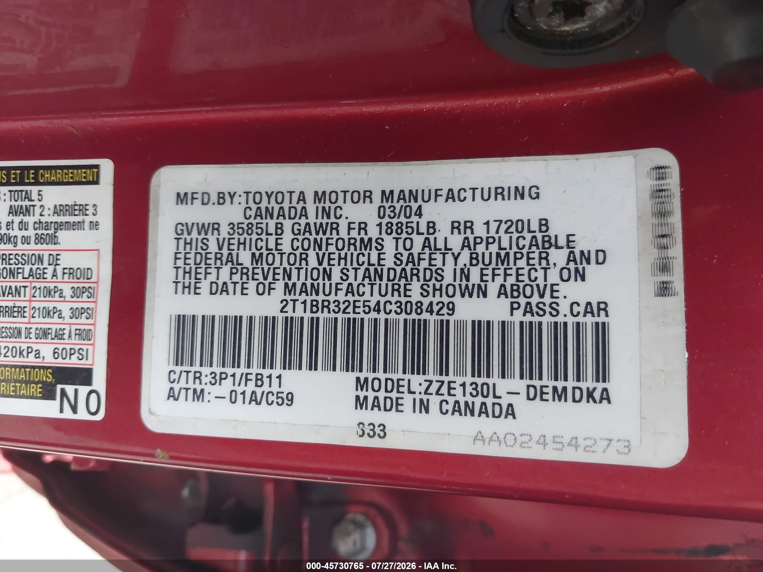 2004 Toyota Corolla Ce Red vin: 2T1BR32E54C308429