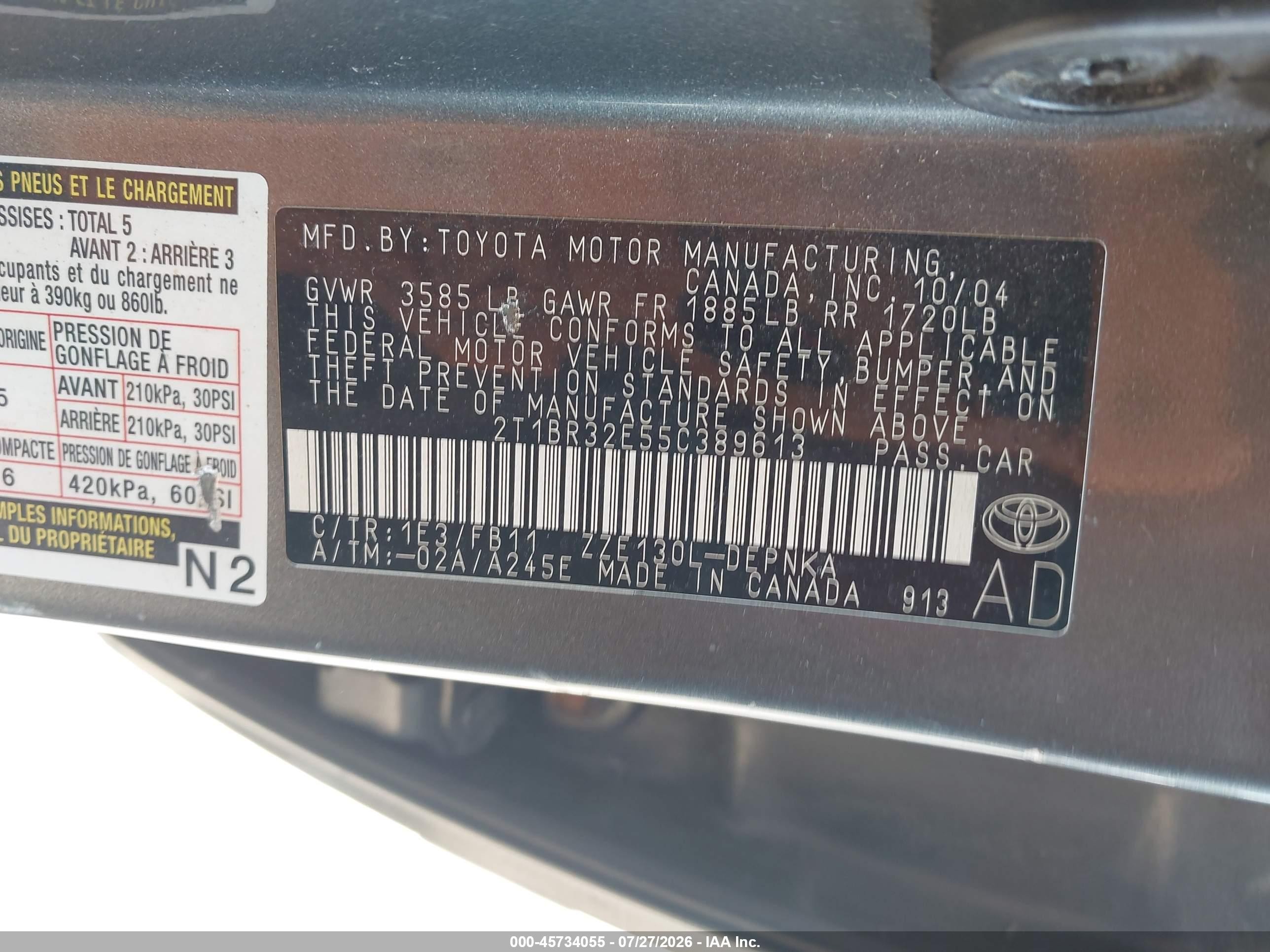 2005 Toyota Corolla Le Gray vin: 2T1BR32E55C389613
