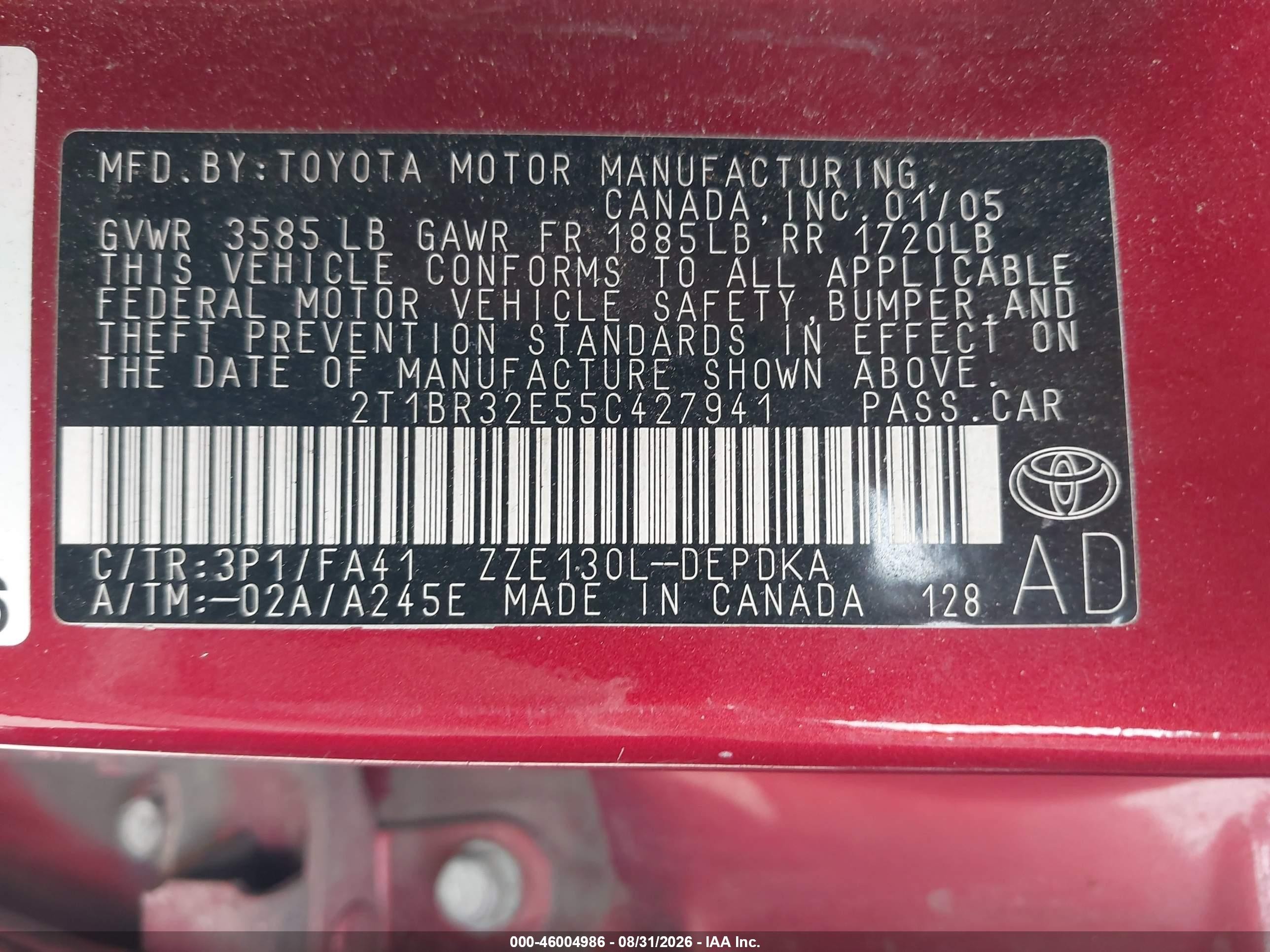 2005 Toyota Corolla Ce Burgundy vin: 2T1BR32E55C427941