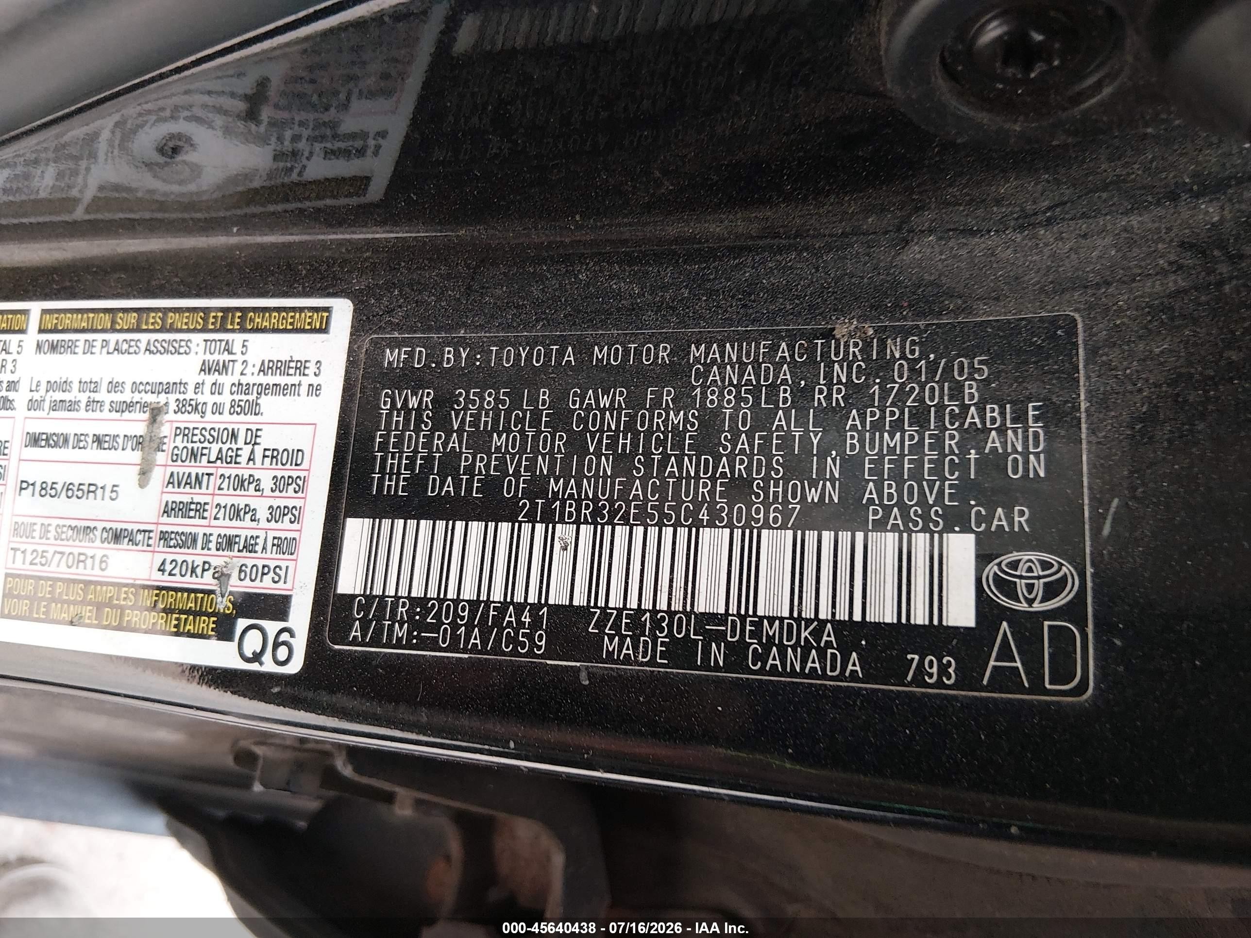 2005 Toyota Corolla Ce Black vin: 2T1BR32E55C430967