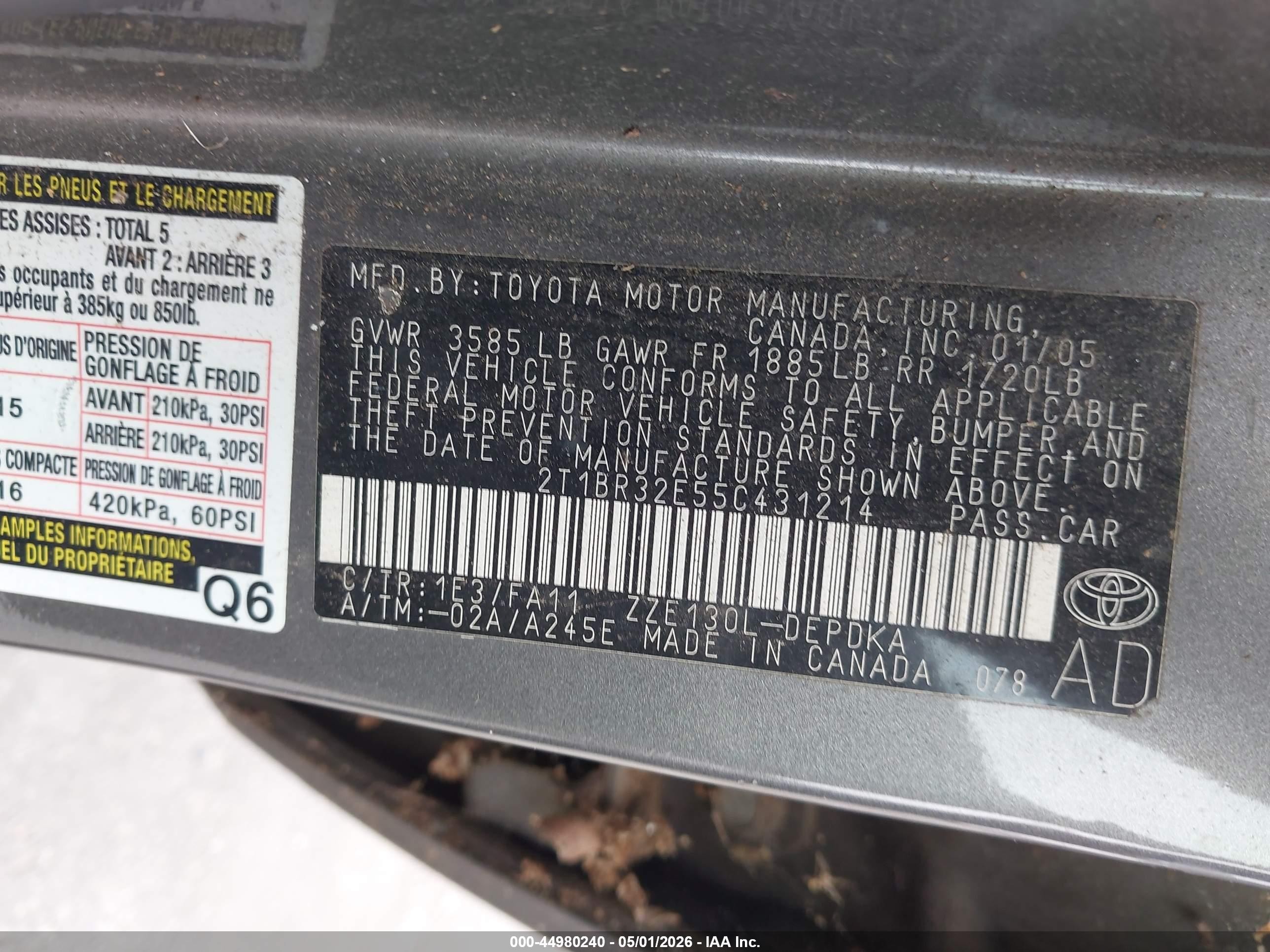 2005 Toyota Corolla Ce Silver vin: 2T1BR32E55C431214