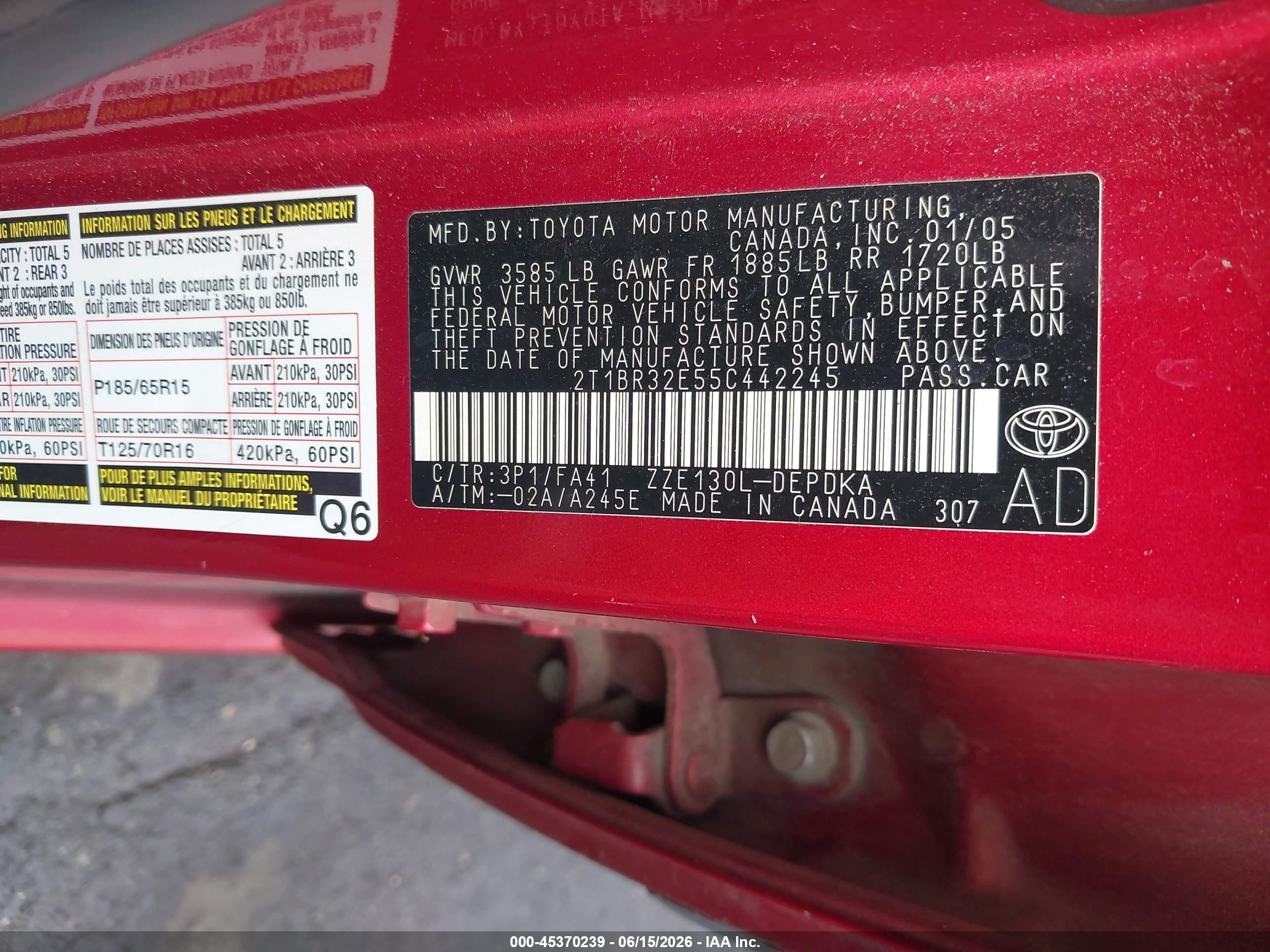 2005 Toyota Corolla Ce Красный vin: 2T1BR32E55C442245