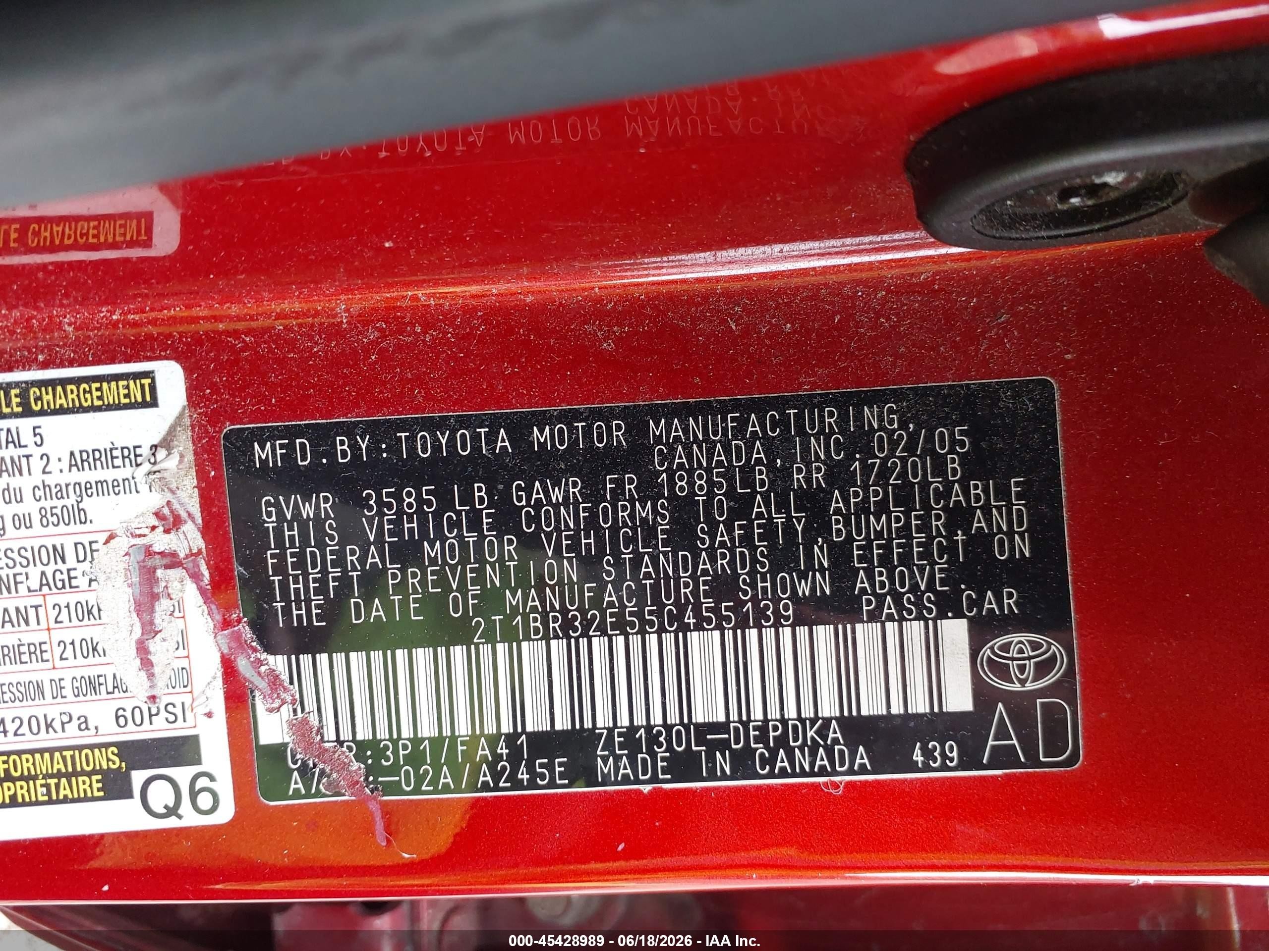 2005 Toyota Corolla Ce Red vin: 2T1BR32E55C455139