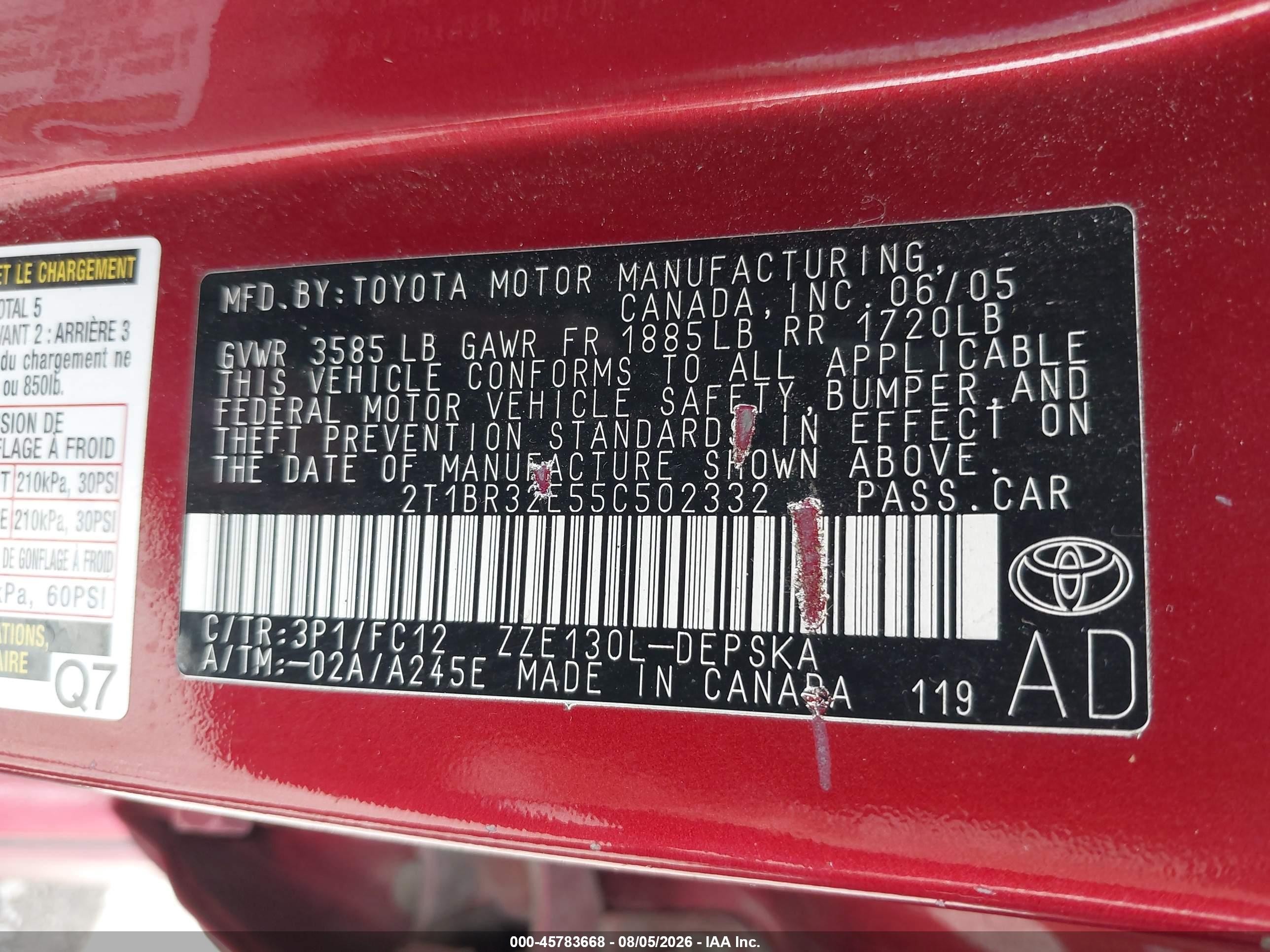 2005 Toyota Corolla S Красный vin: 2T1BR32E55C502332
