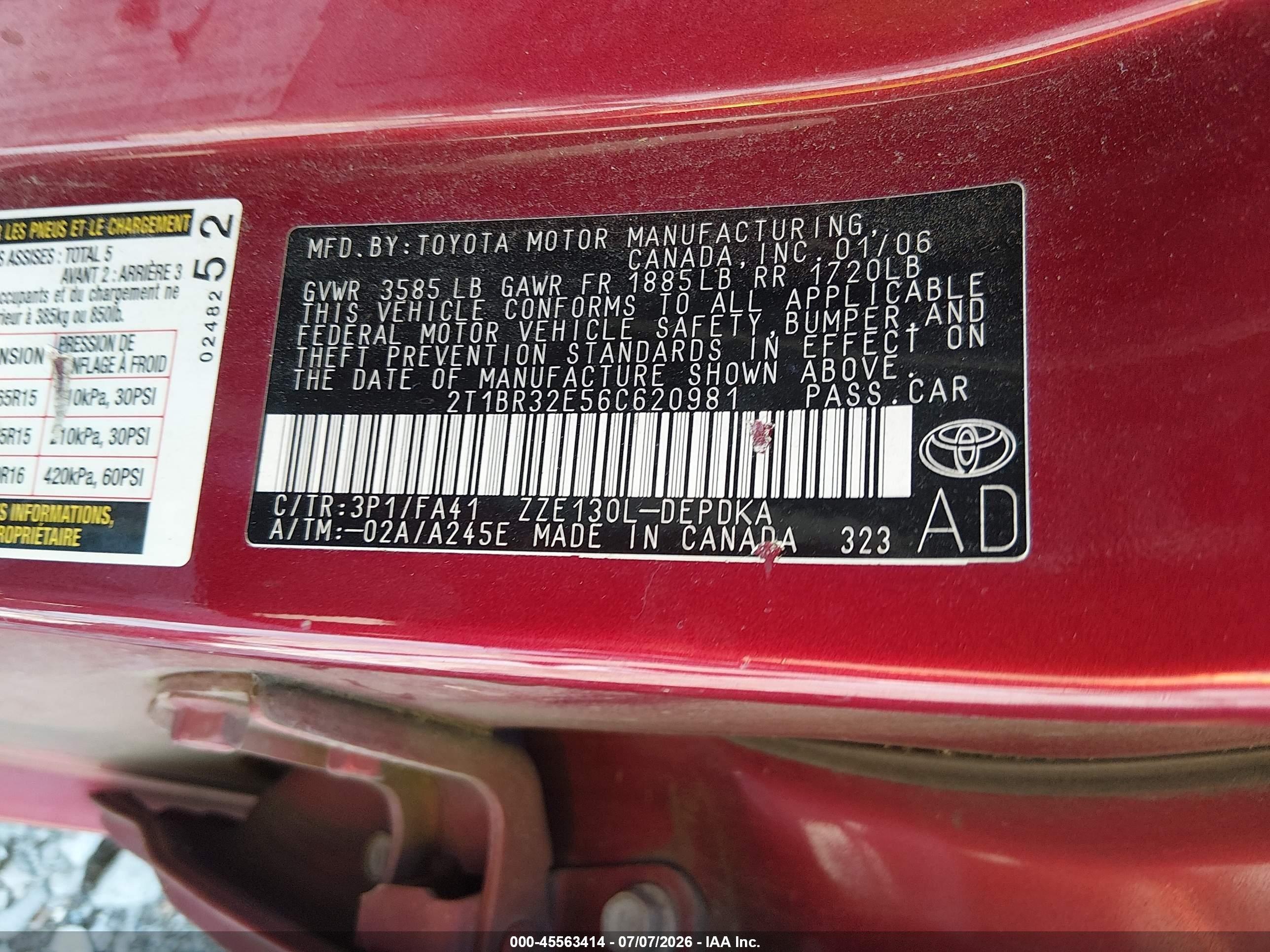 2006 Toyota Corolla Ce Red vin: 2T1BR32E56C620981