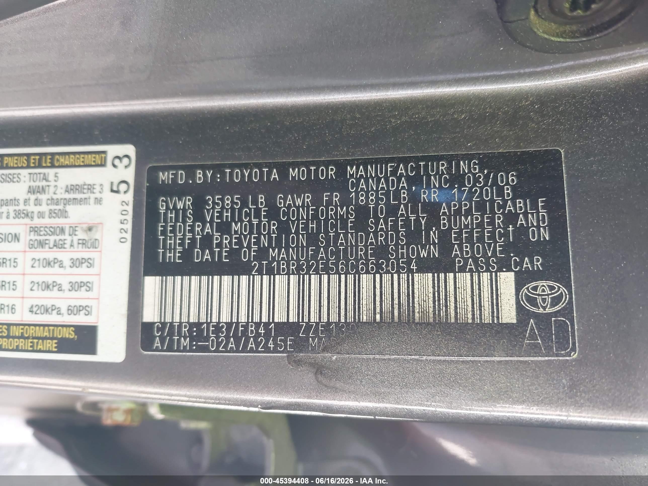 2006 Toyota Corolla Le Gray vin: 2T1BR32E56C663054