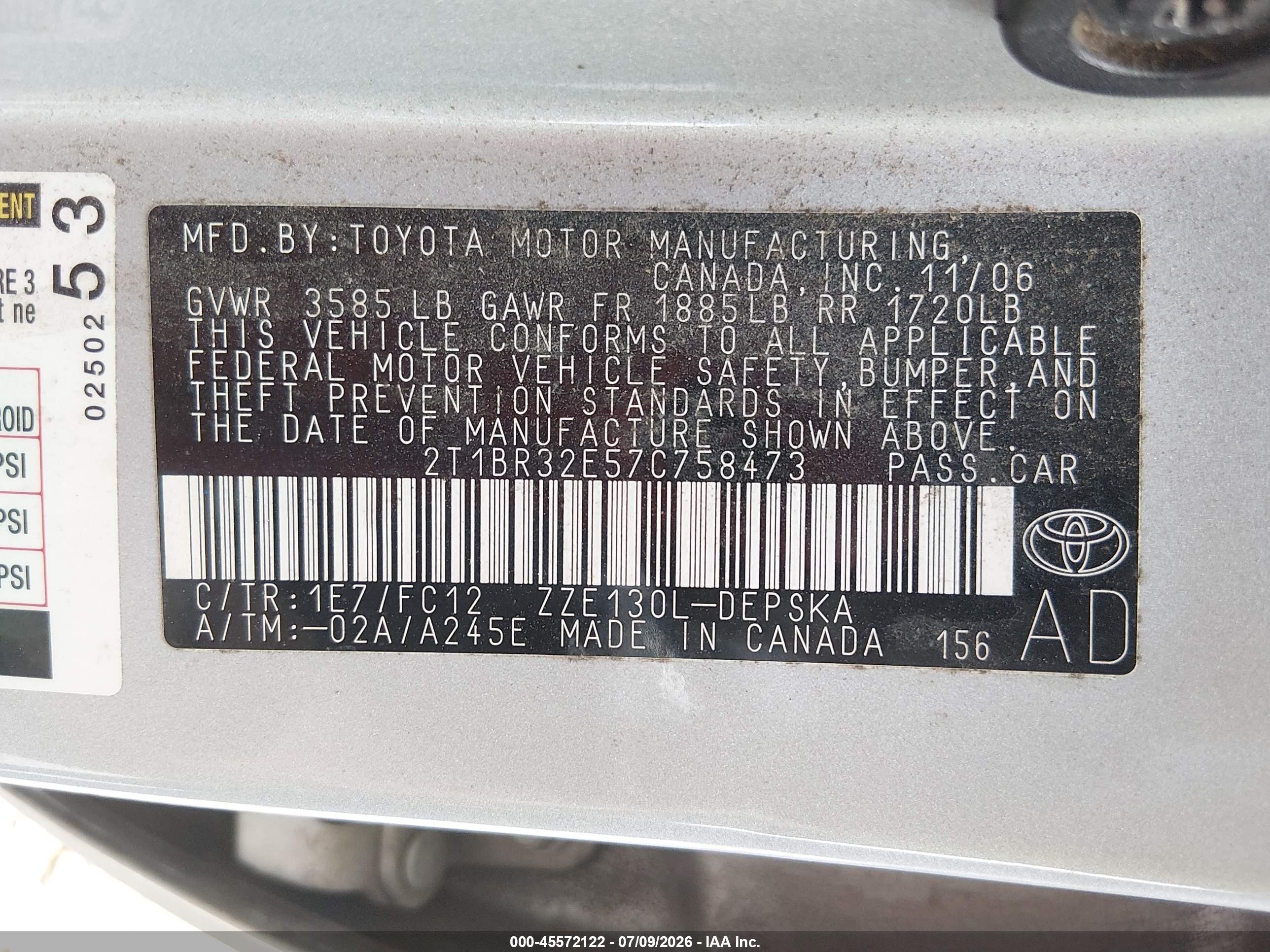 2007 Toyota Corolla S Silver vin: 2T1BR32E57C758473