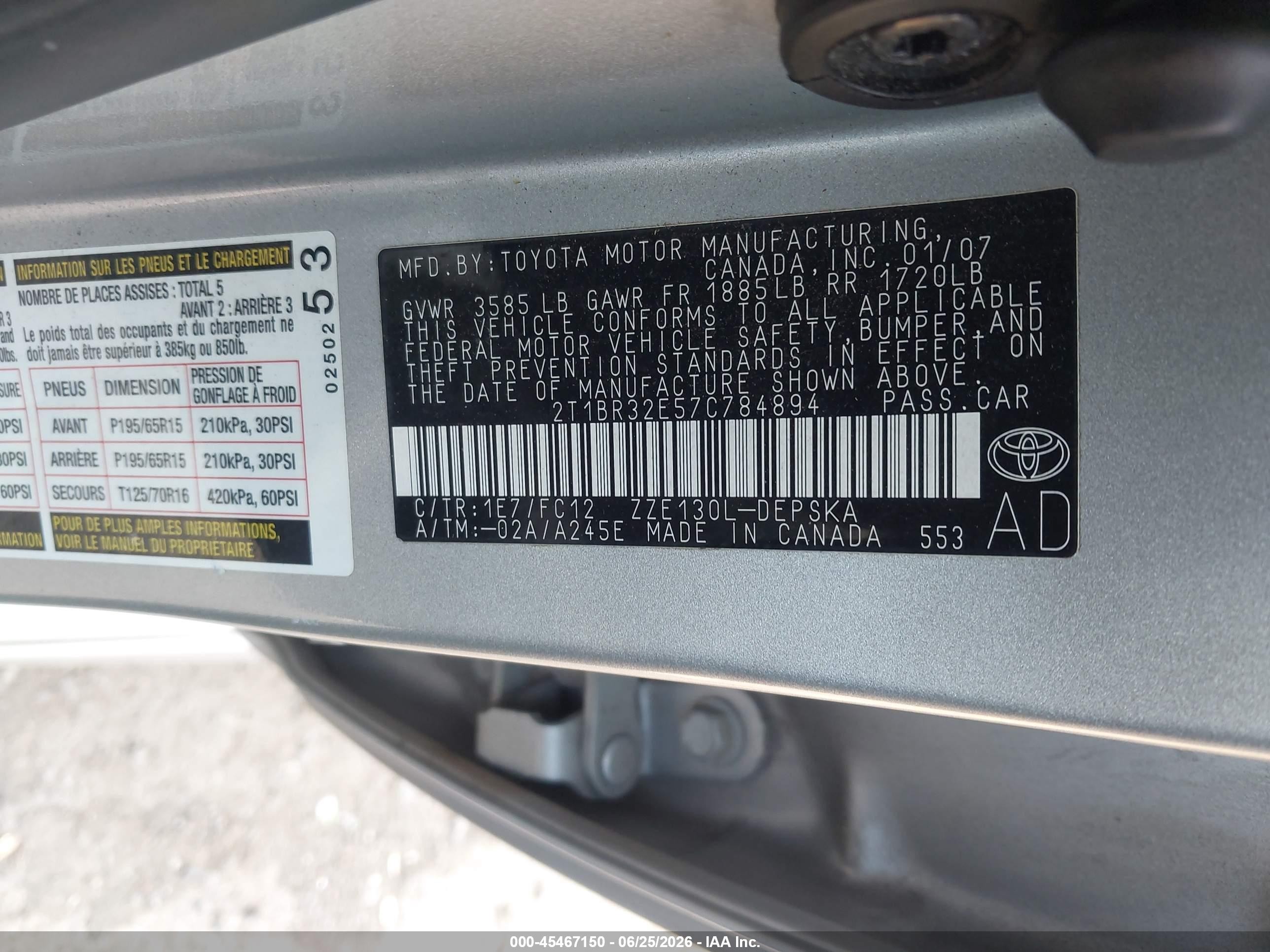 2007 Toyota Corolla S Silver vin: 2T1BR32E57C784894