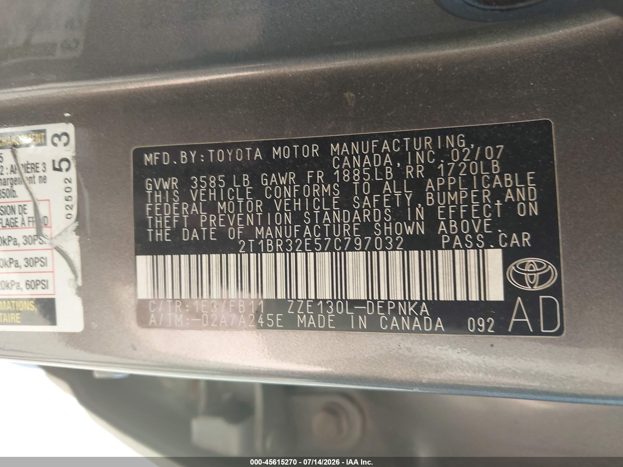 2007 Toyota Corolla Le Gray vin: 2T1BR32E57C797032