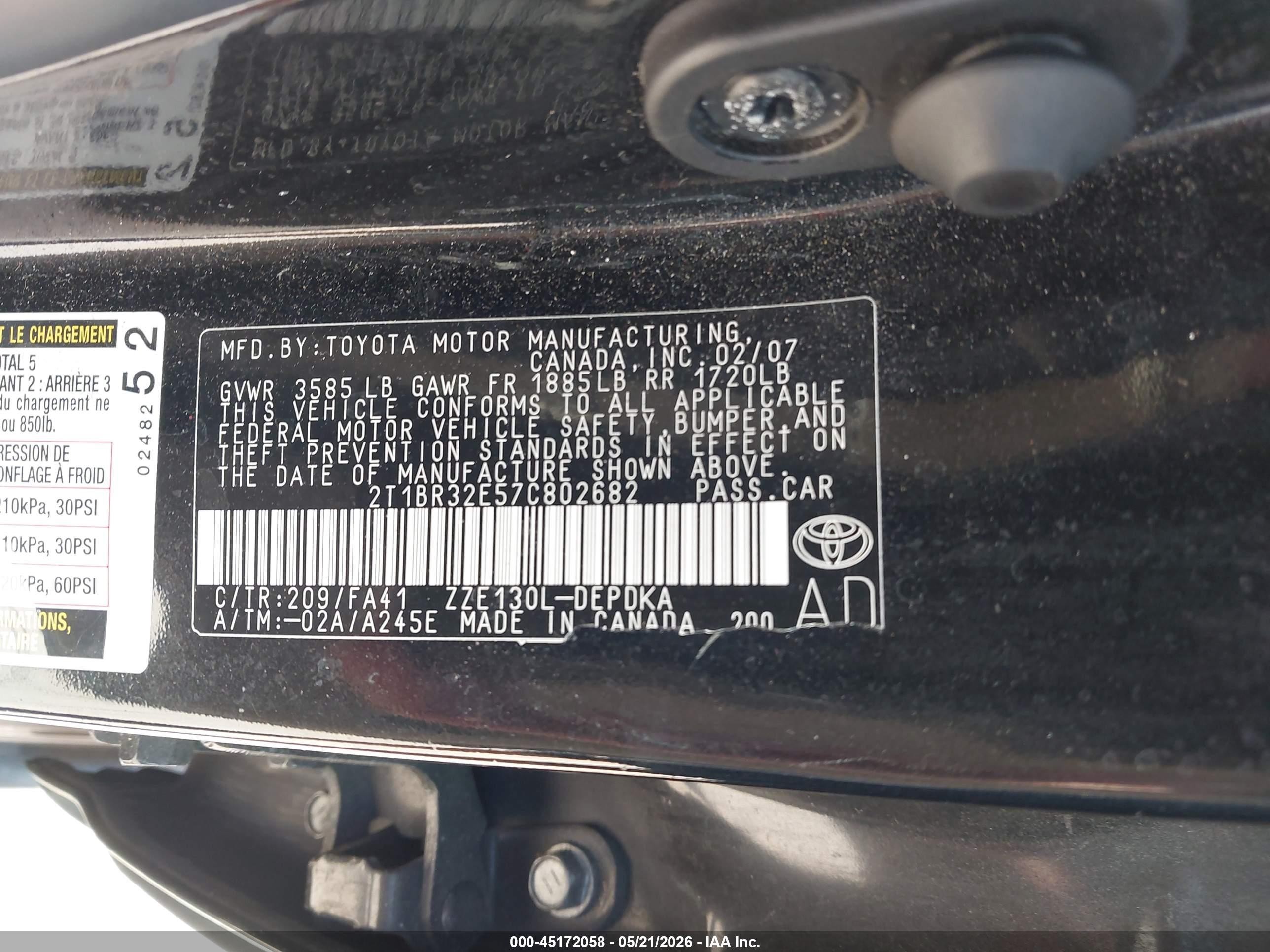 2007 Toyota Corolla Ce Black vin: 2T1BR32E57C802682