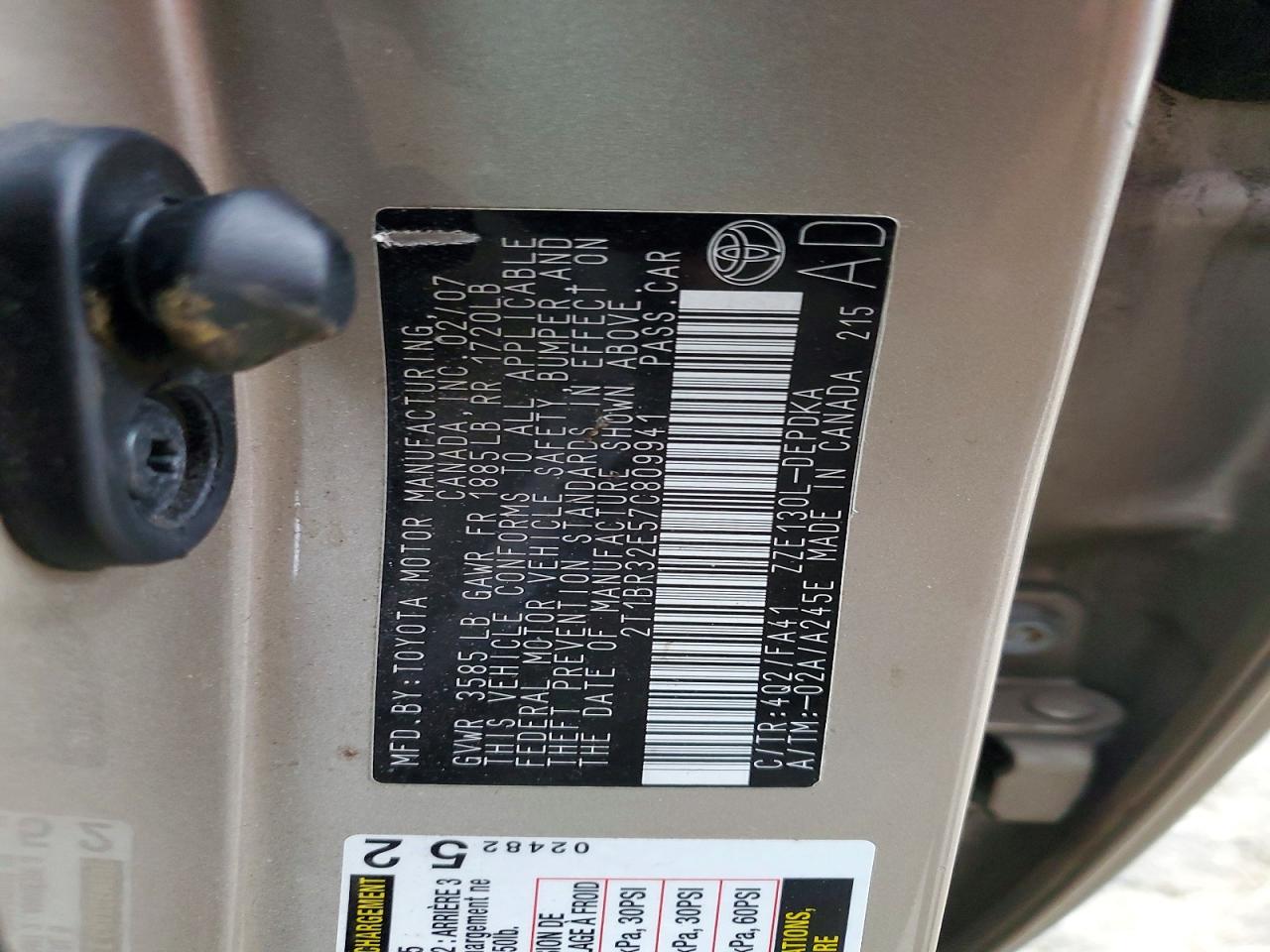 2007 Toyota Corolla Ce Gold vin: 2T1BR32E57C809941