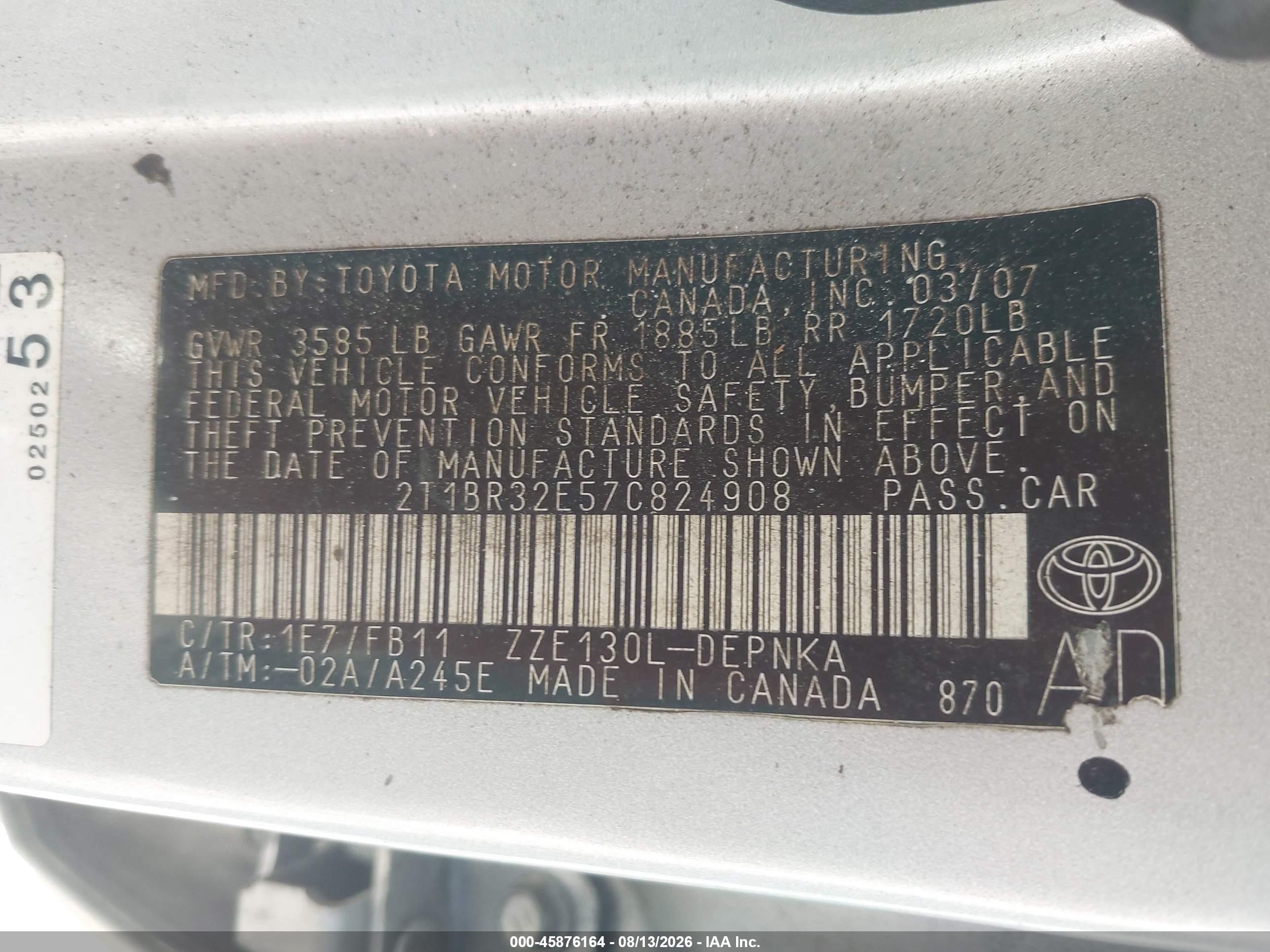 2007 Toyota Corolla Le Silver vin: 2T1BR32E57C824908