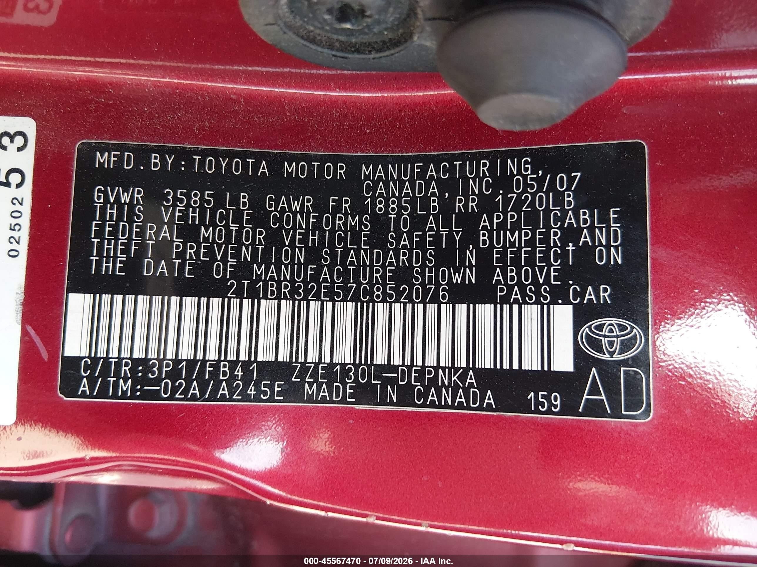 2007 Toyota Corolla Le Red vin: 2T1BR32E57C852076