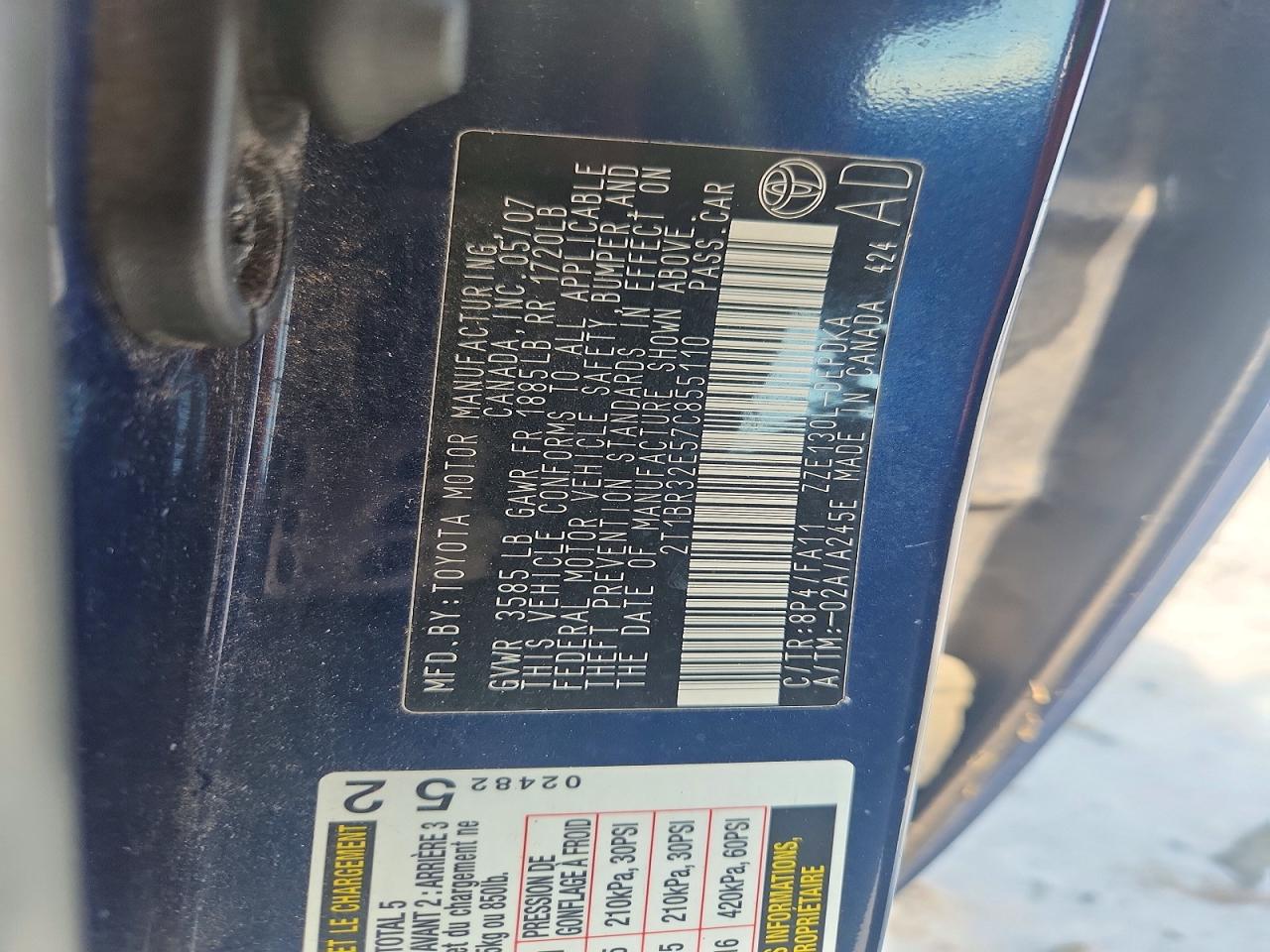 2007 Toyota Corolla Ce Blue vin: 2T1BR32E57C855110