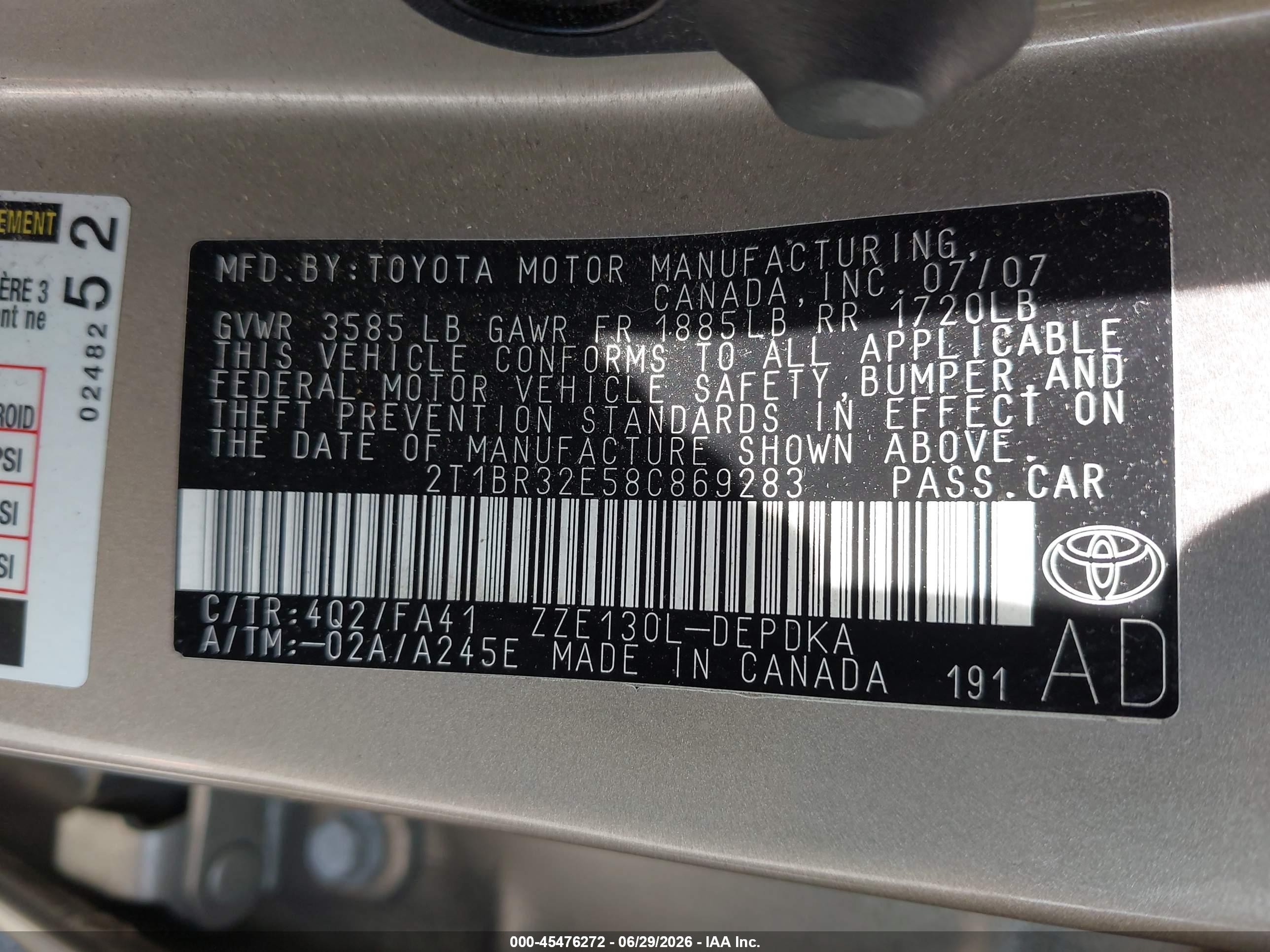 2008 Toyota Corolla Ce Tan vin: 2T1BR32E58C869283