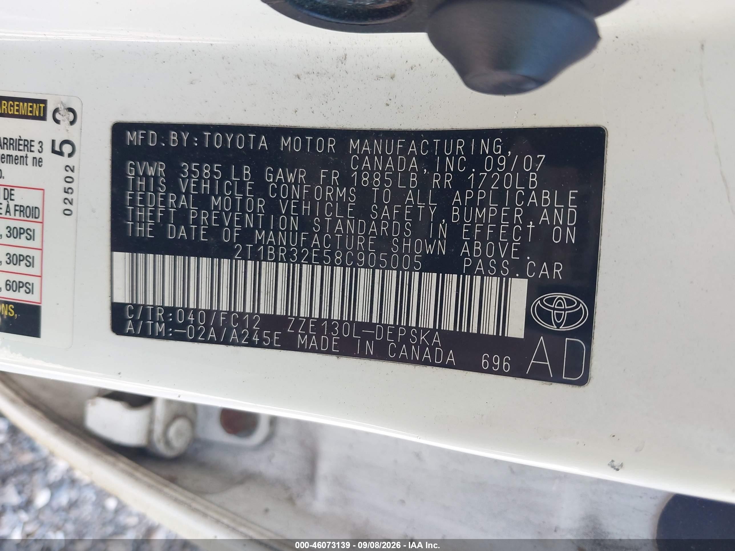 2008 Toyota Corolla S White vin: 2T1BR32E58C905005