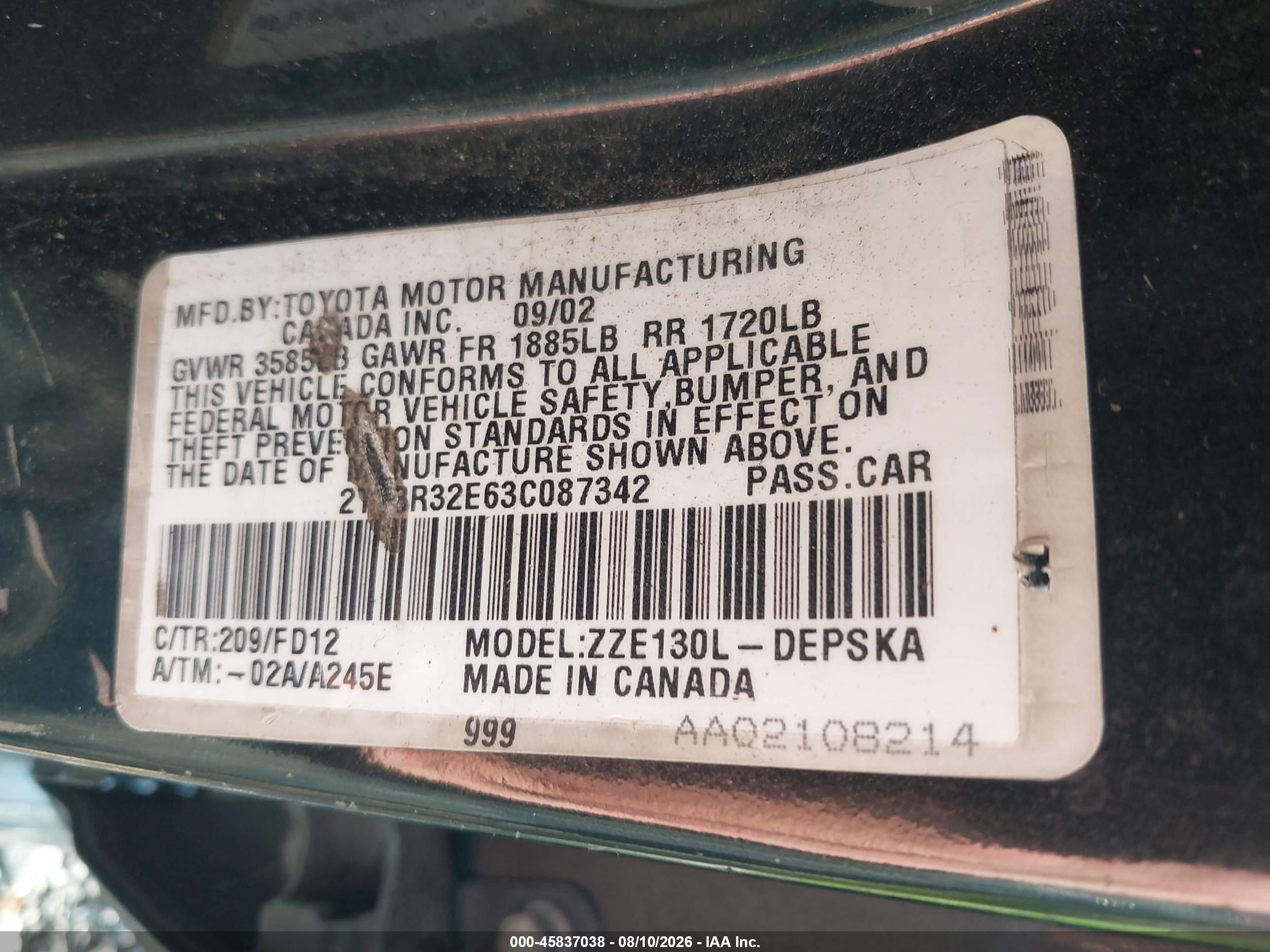 2003 Toyota Corolla S Black vin: 2T1BR32E63C087342