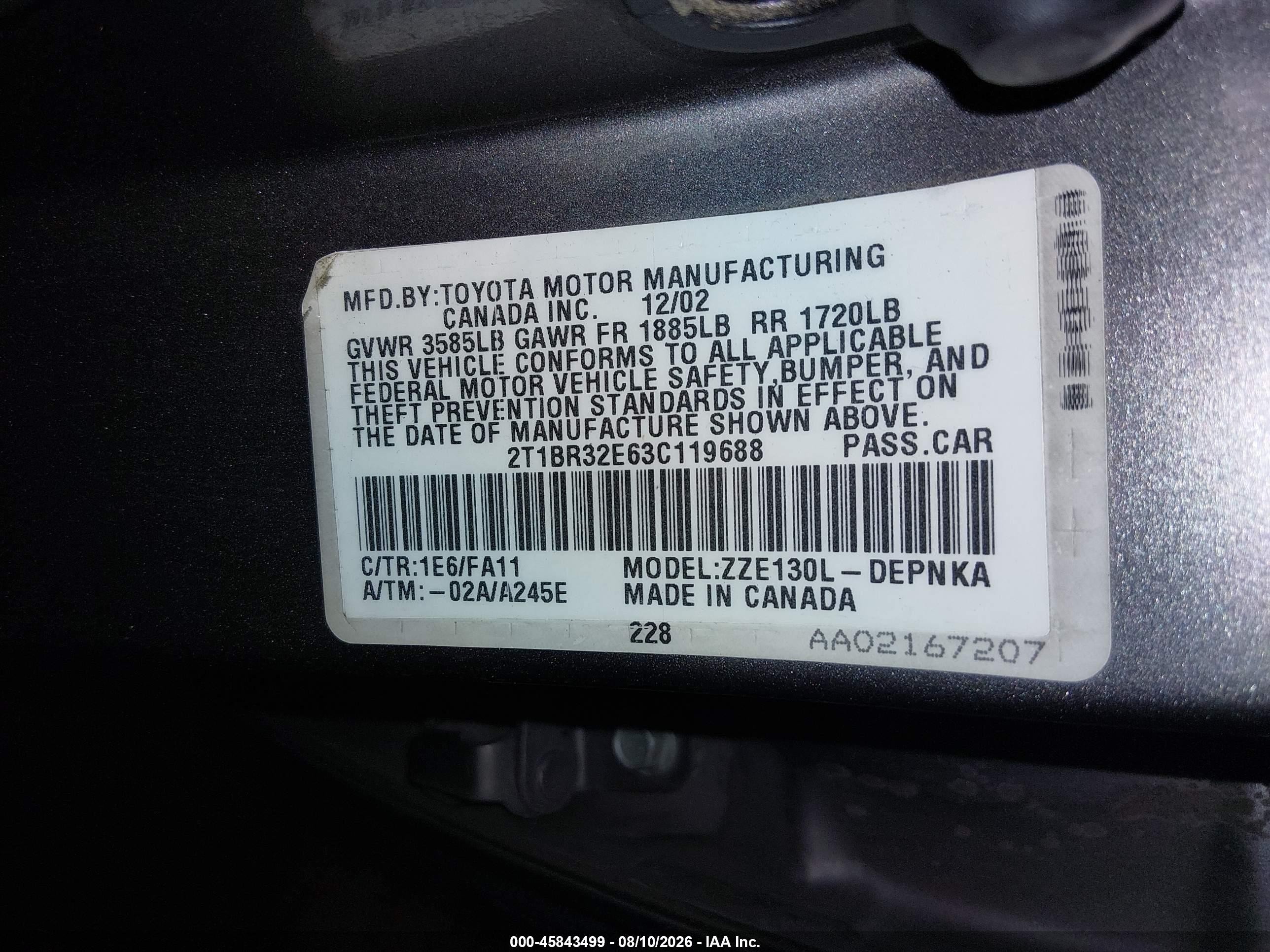 2003 Toyota Corolla Le Gray vin: 2T1BR32E63C119688