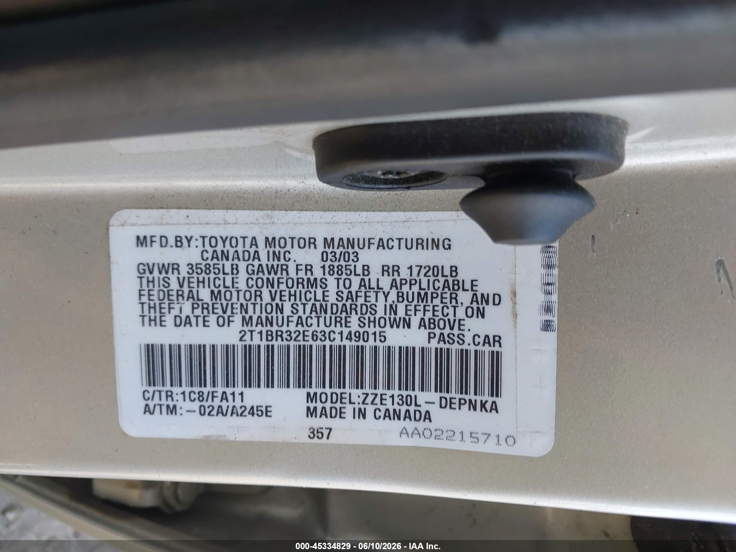 2003 Toyota Corolla Le Silver vin: 2T1BR32E63C149015