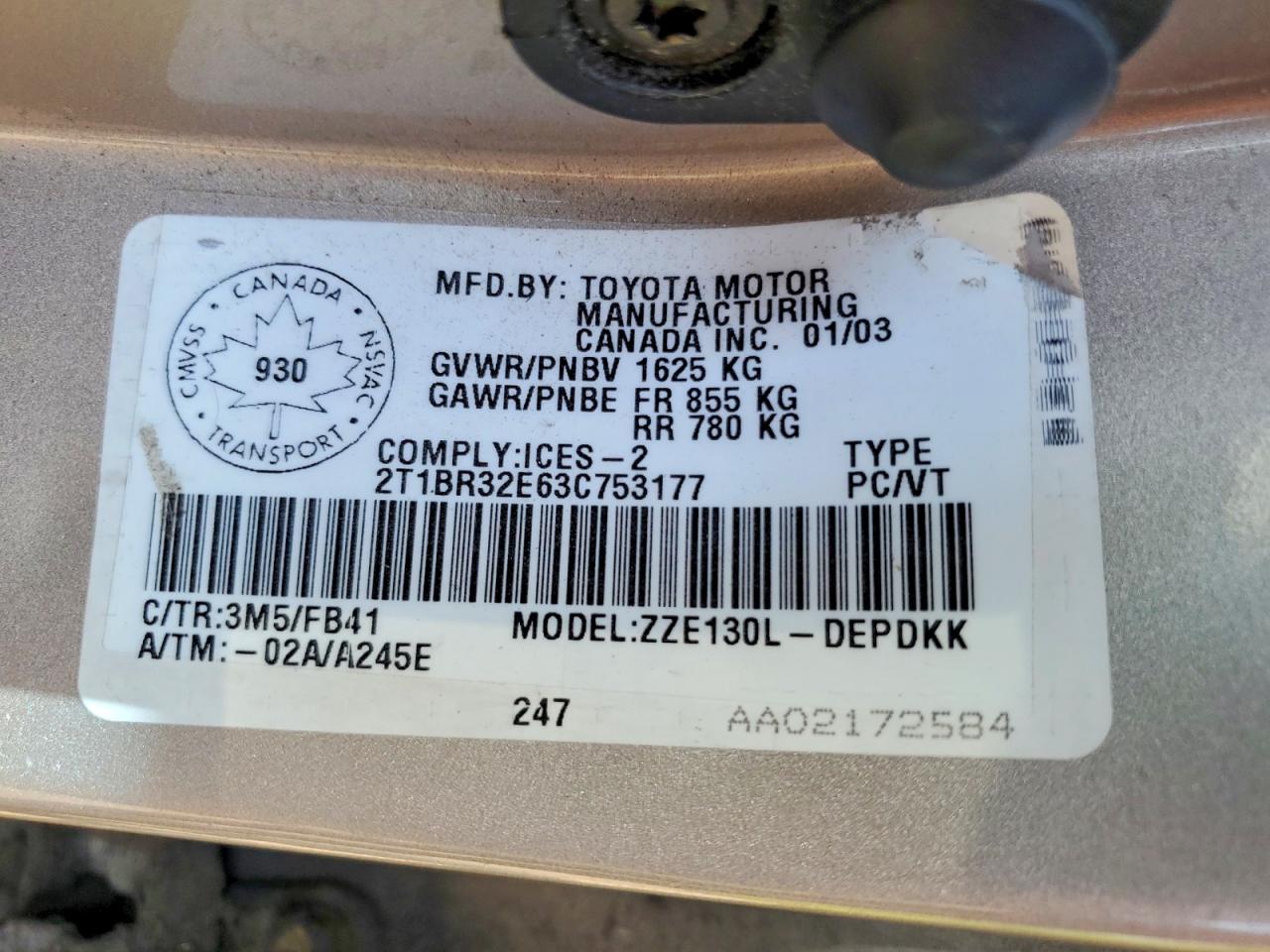 2003 Toyota Corolla Ce Tan vin: 2T1BR32E63C753177
