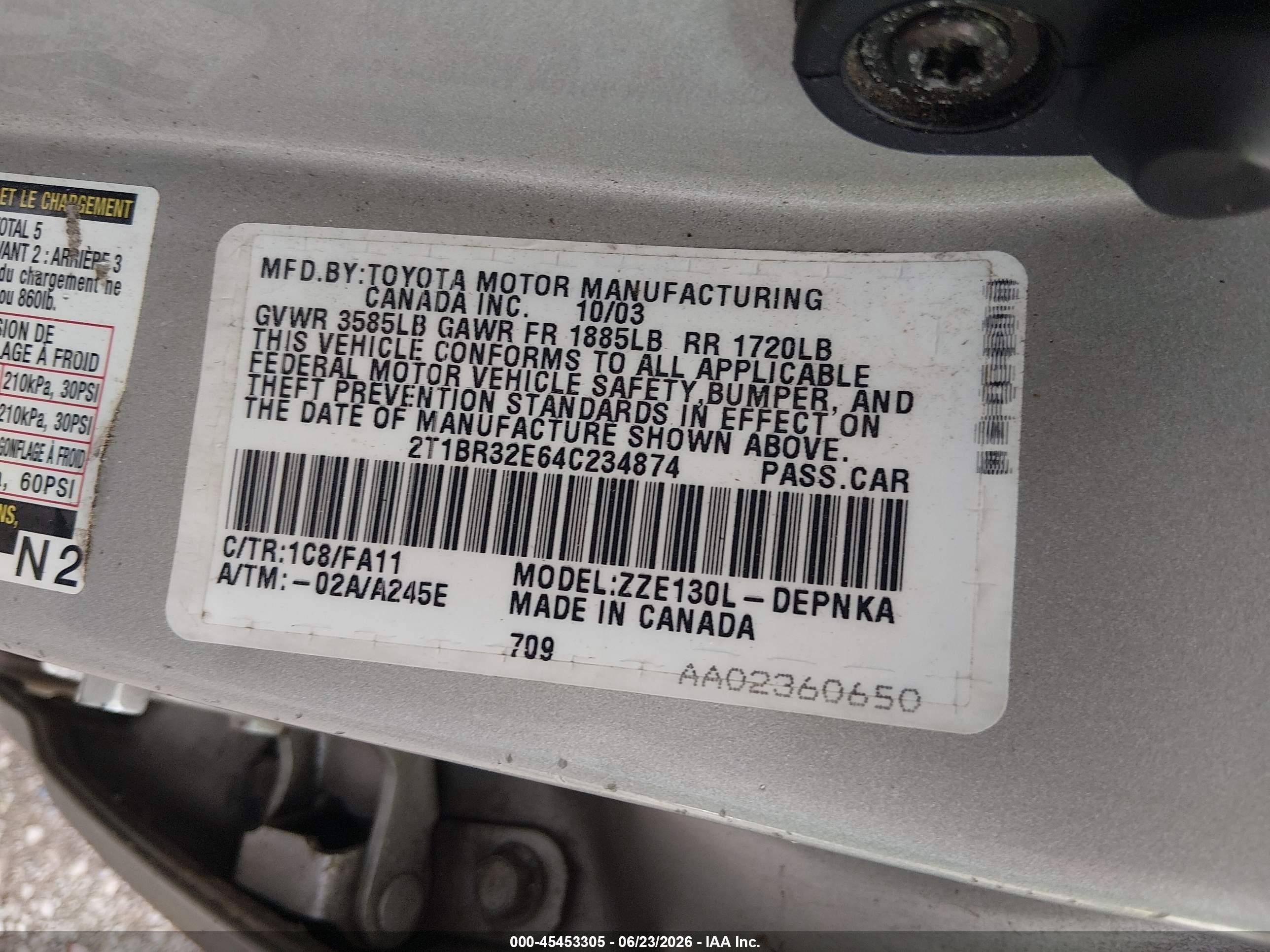 2004 Toyota Corolla Le Silver vin: 2T1BR32E64C234874