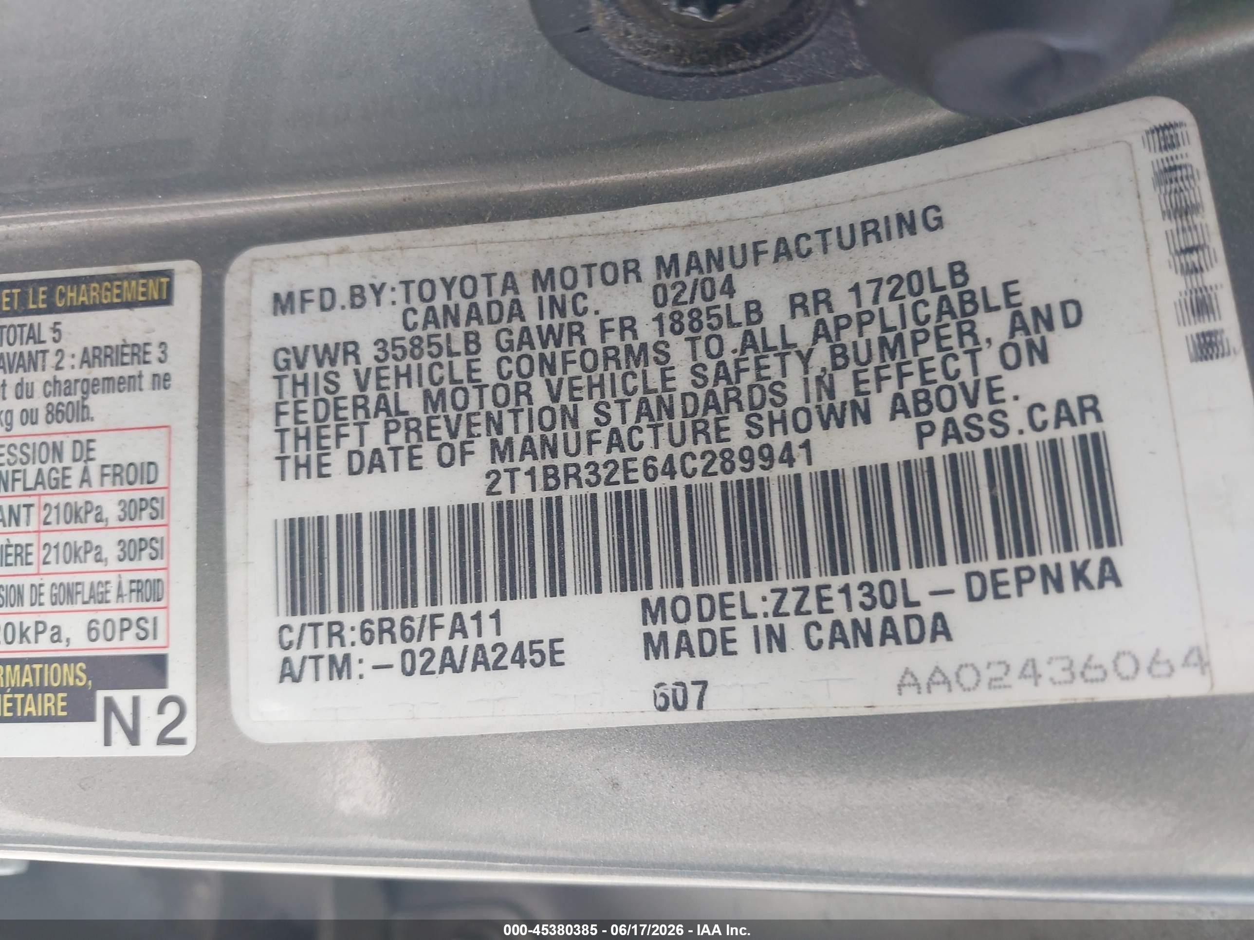 2004 Toyota Corolla Le Gray vin: 2T1BR32E64C289941