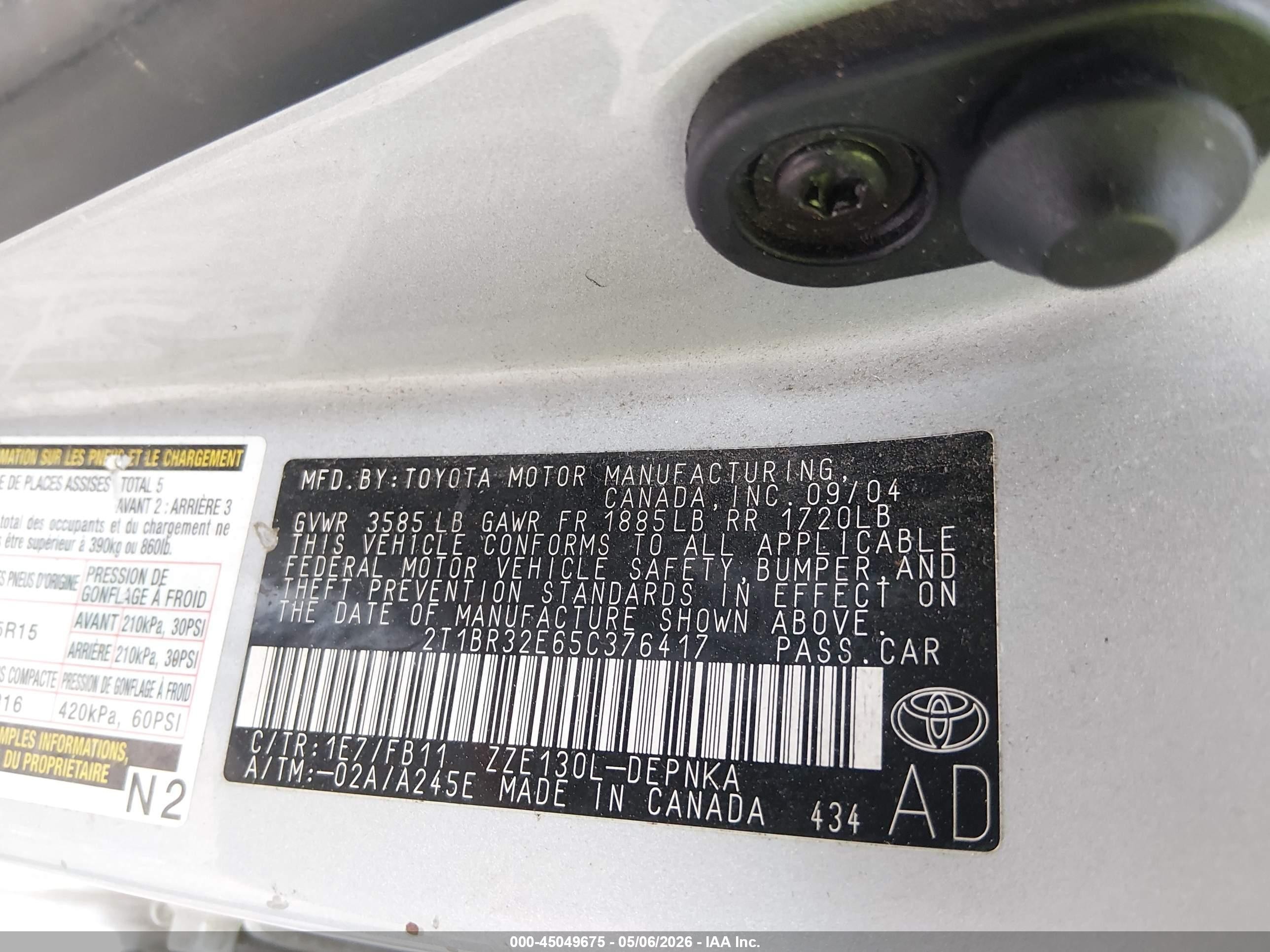2005 Toyota Corolla Le Silver vin: 2T1BR32E65C376417