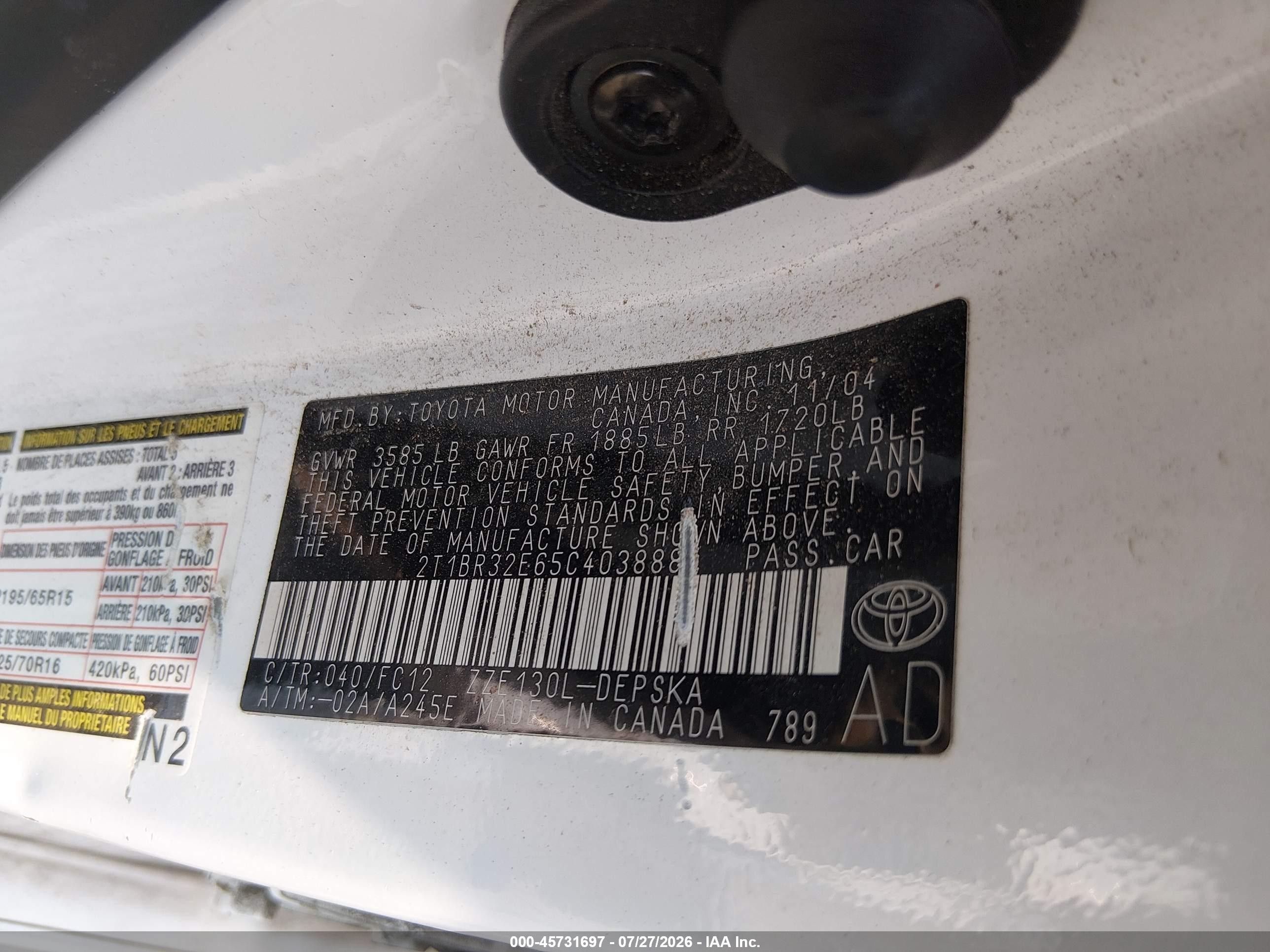 2005 Toyota Corolla S White vin: 2T1BR32E65C403888