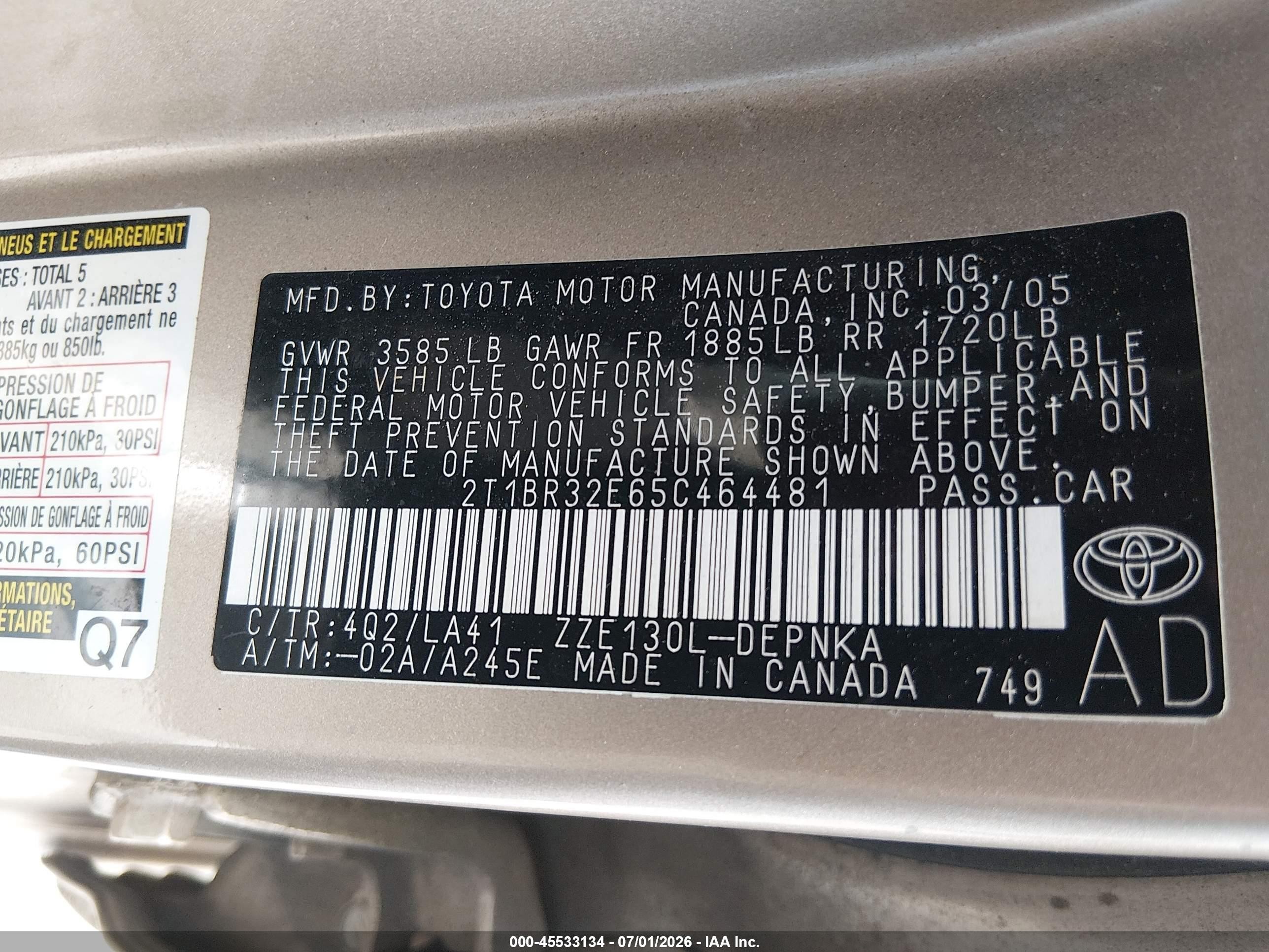 2005 Toyota Corolla Le Beige vin: 2T1BR32E65C464481