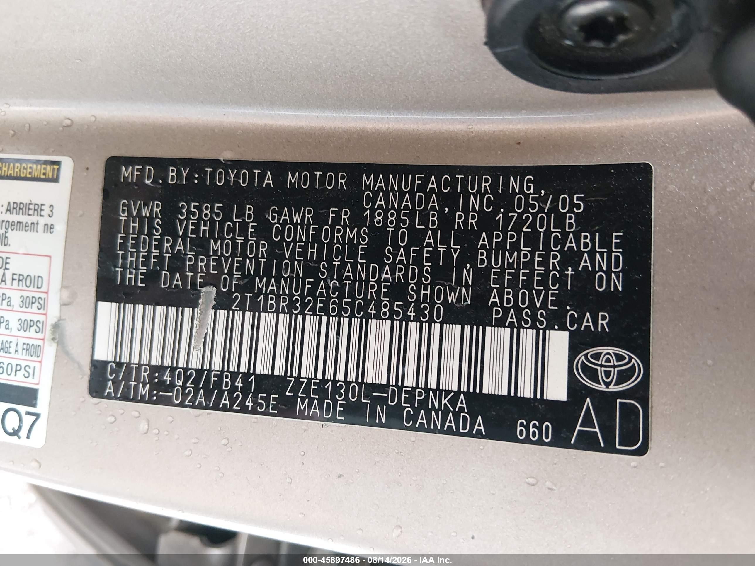 2005 Toyota Corolla Le Beige vin: 2T1BR32E65C485430