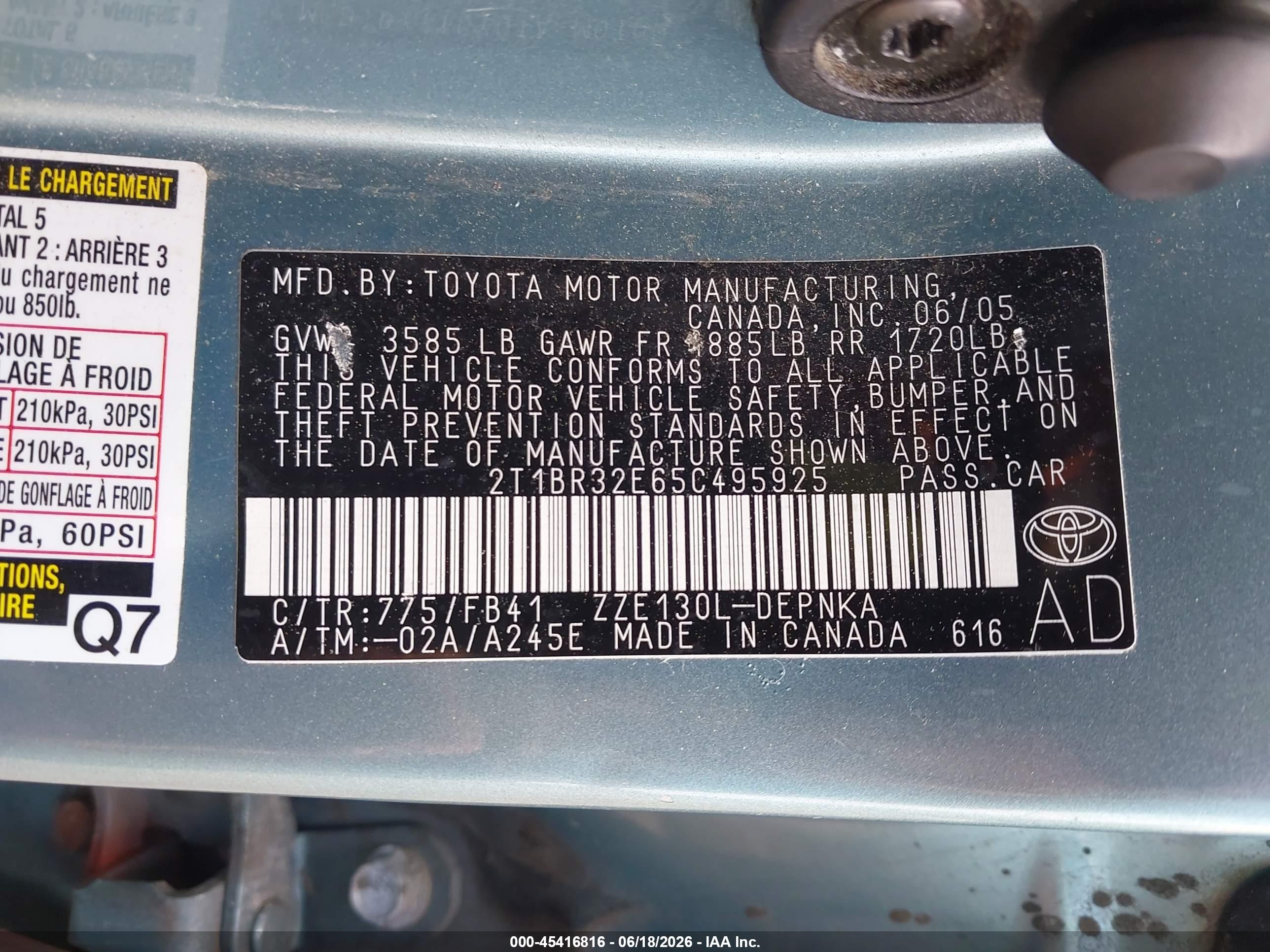 2005 Toyota Corolla Le Green vin: 2T1BR32E65C495925