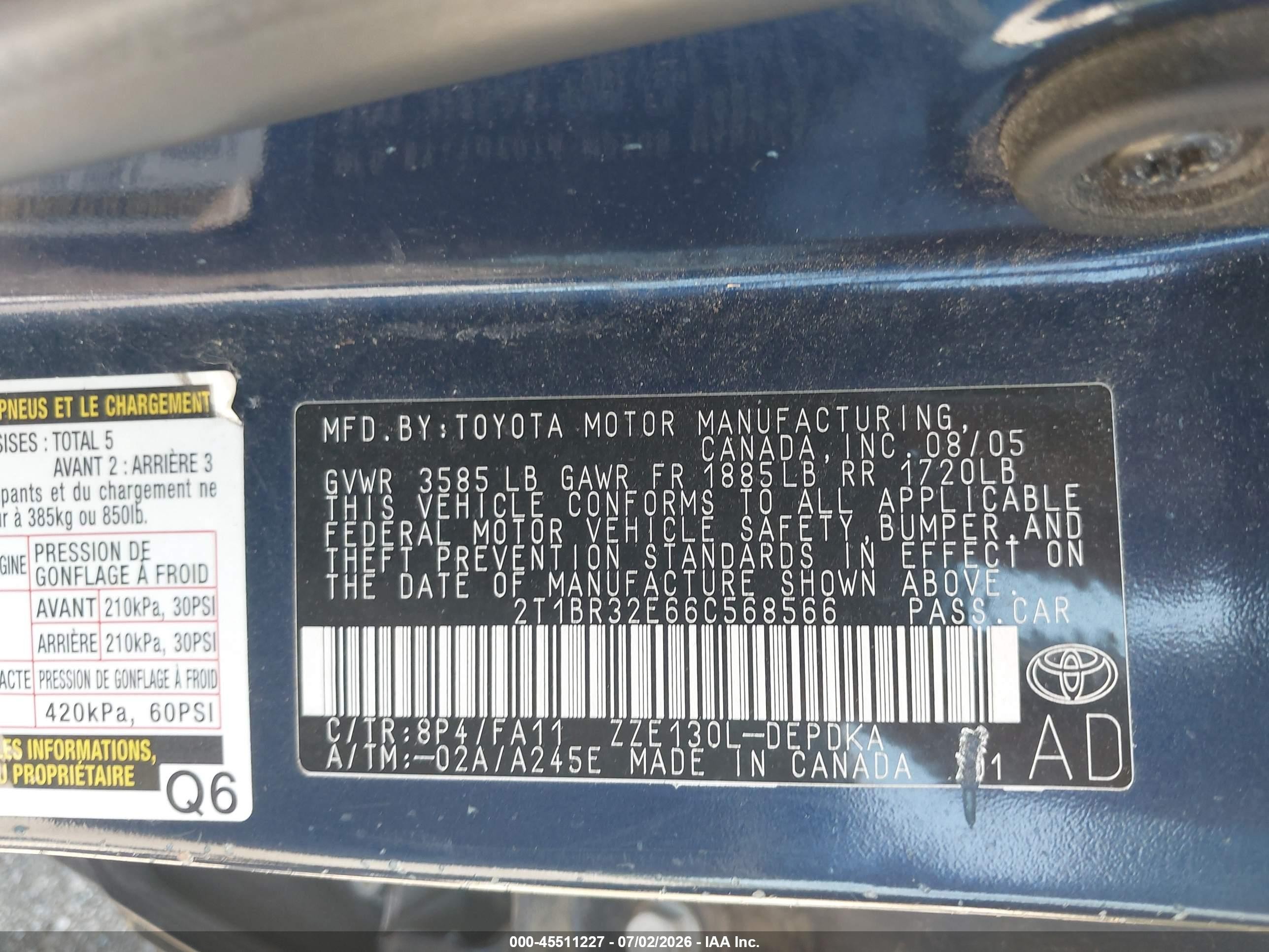 2006 Toyota Corolla Ce Blue vin: 2T1BR32E66C568566