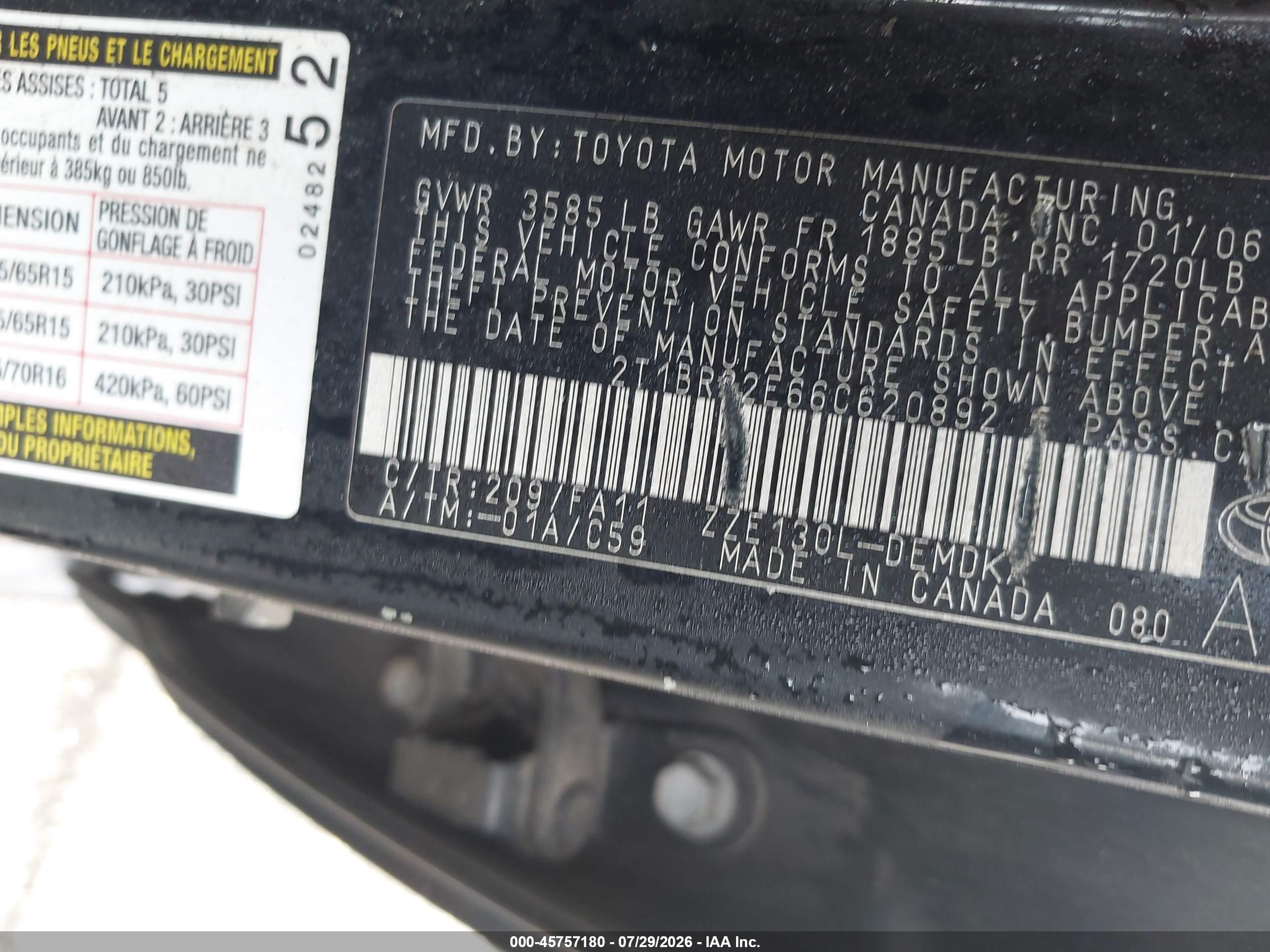 2006 Toyota Corolla Ce Black vin: 2T1BR32E66C620892