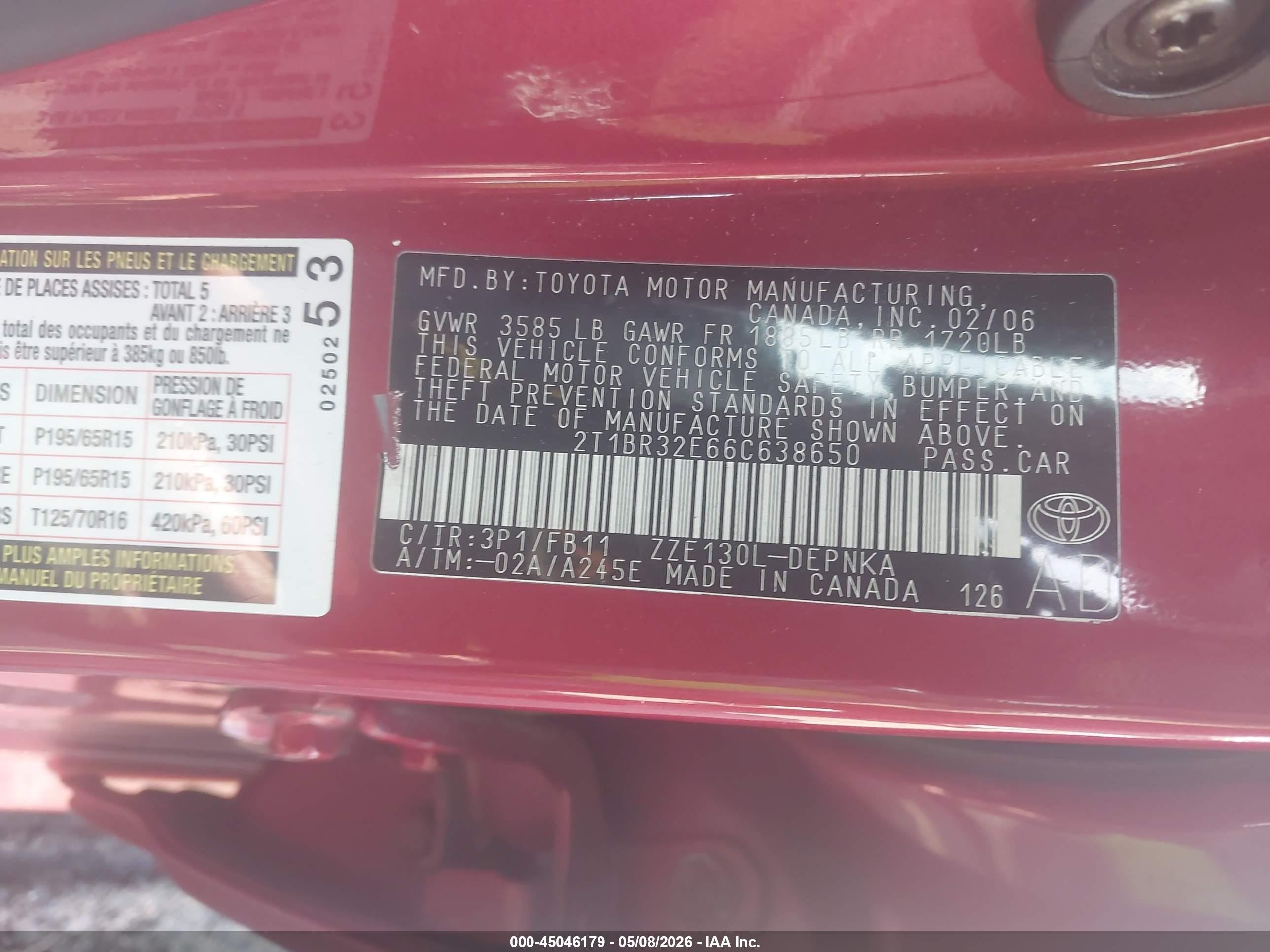 2006 Toyota Corolla Le Red vin: 2T1BR32E66C638650