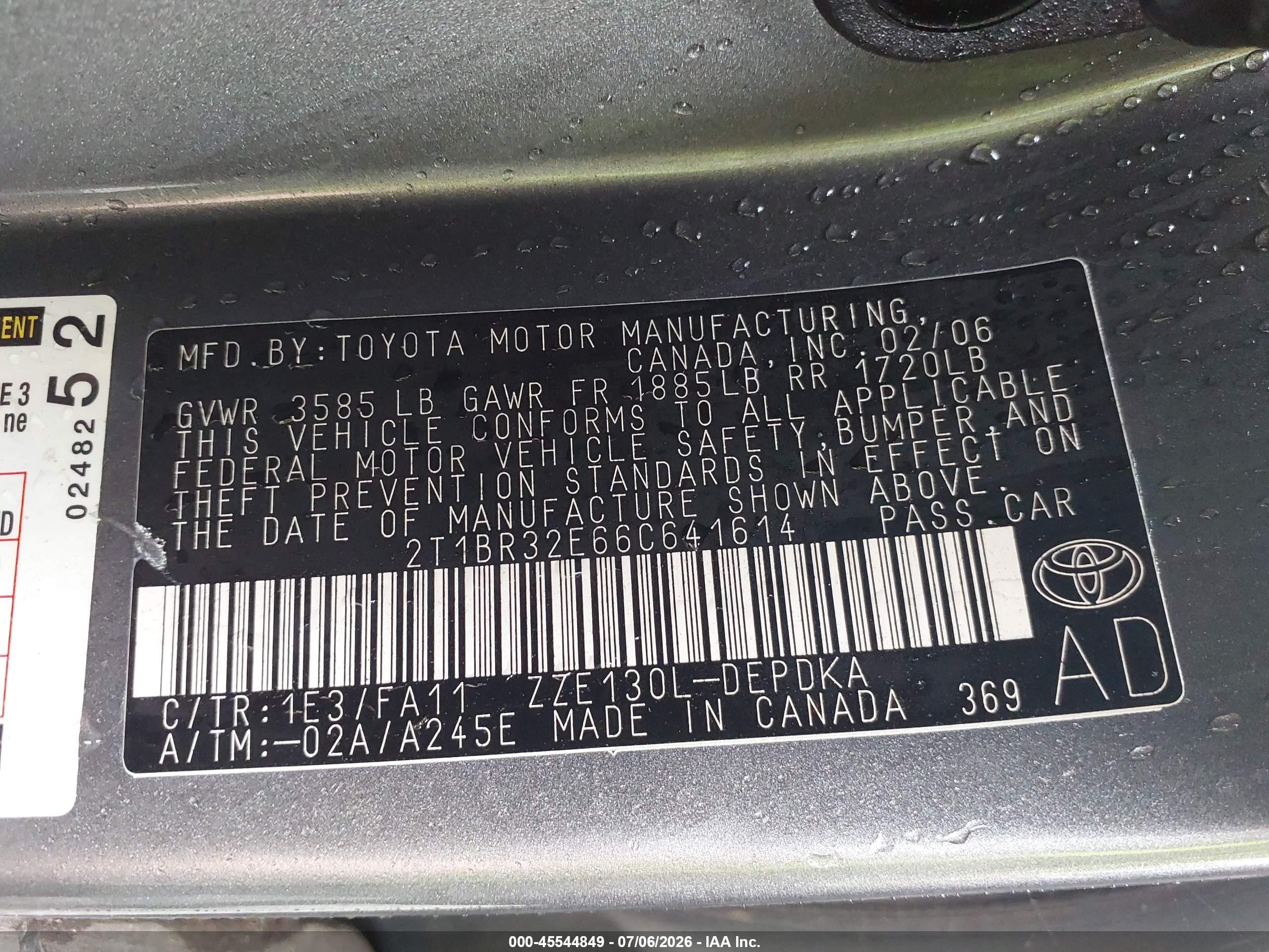 2006 Toyota Corolla Ce Gray vin: 2T1BR32E66C641614