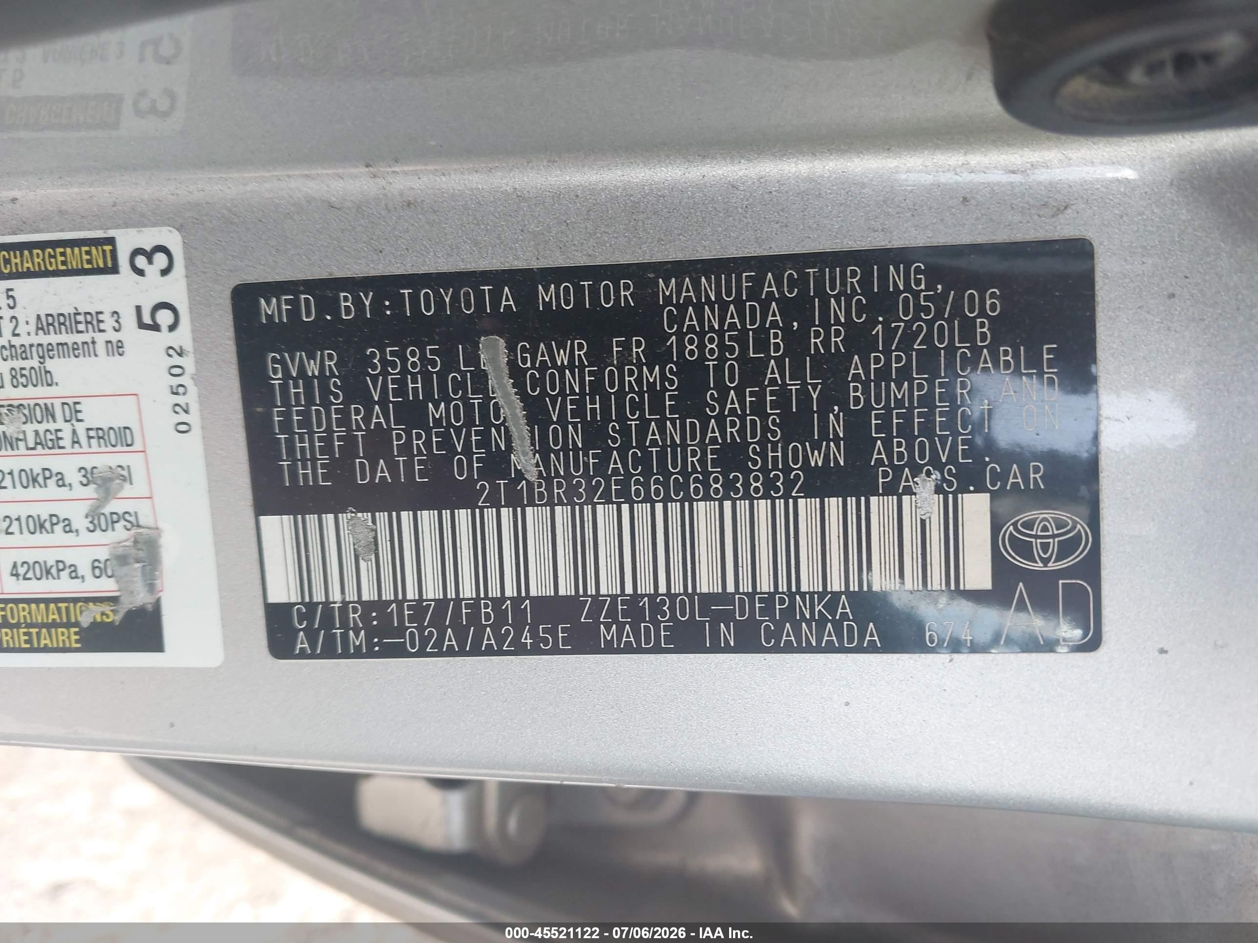 2006 Toyota Corolla Le Серебряный vin: 2T1BR32E66C683832