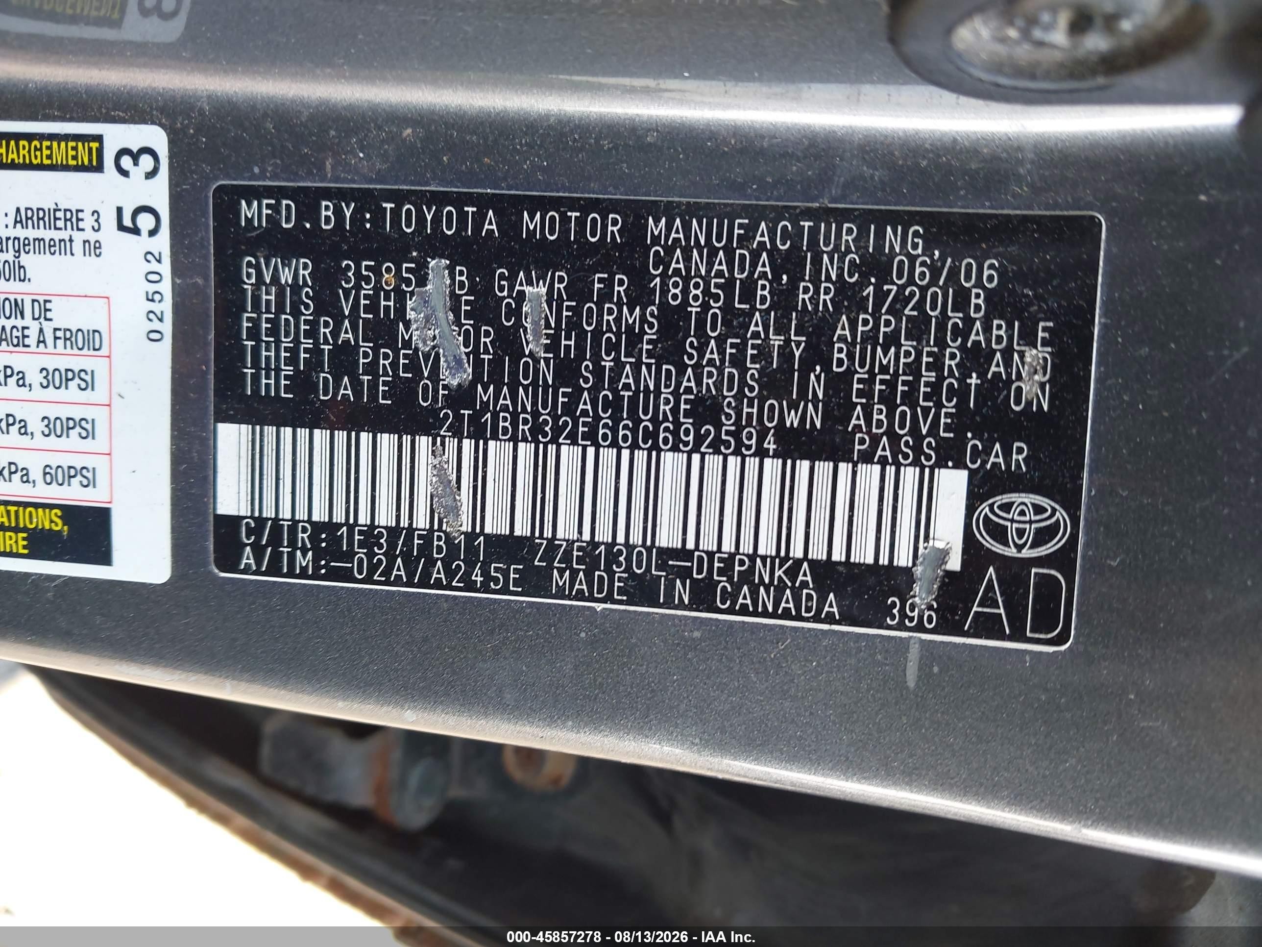 2006 Toyota Corolla Le Gray vin: 2T1BR32E66C692594