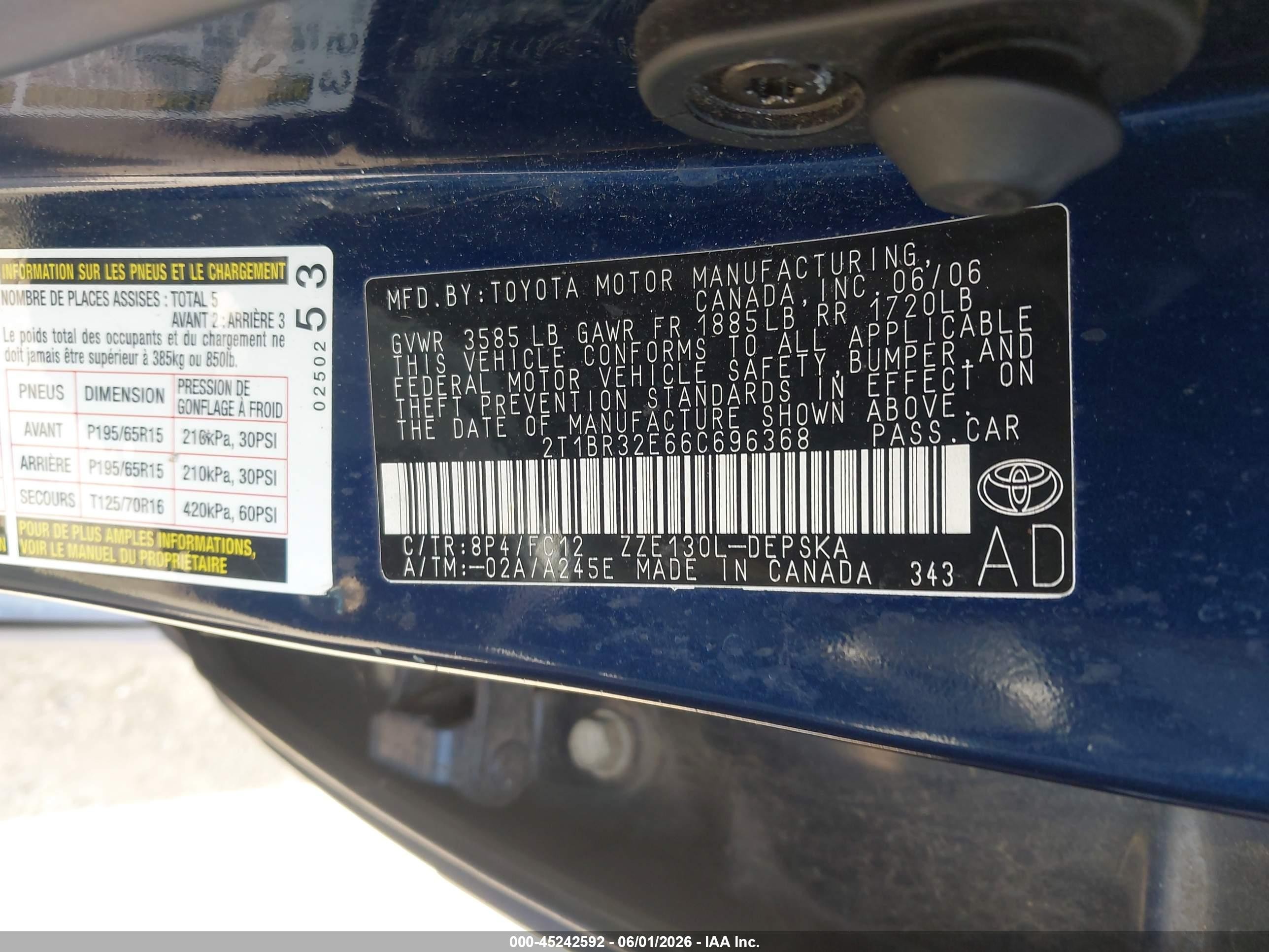 2006 Toyota Corolla S Blue vin: 2T1BR32E66C696368