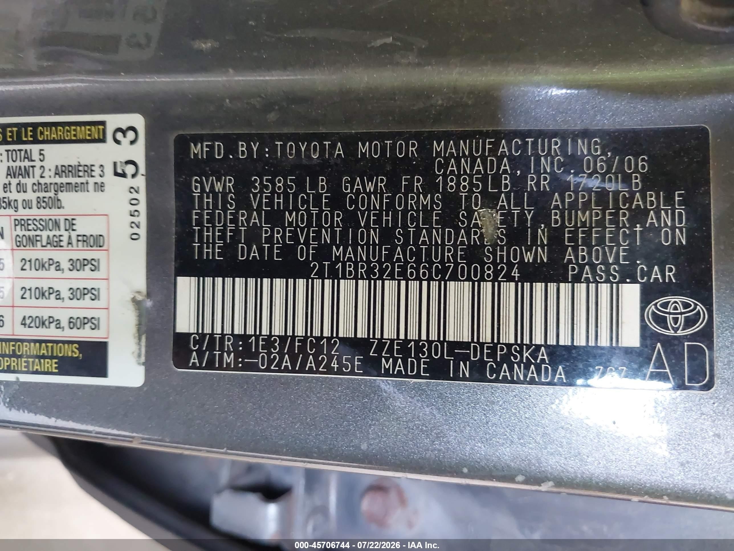 2006 Toyota Corolla S Gray vin: 2T1BR32E66C700824