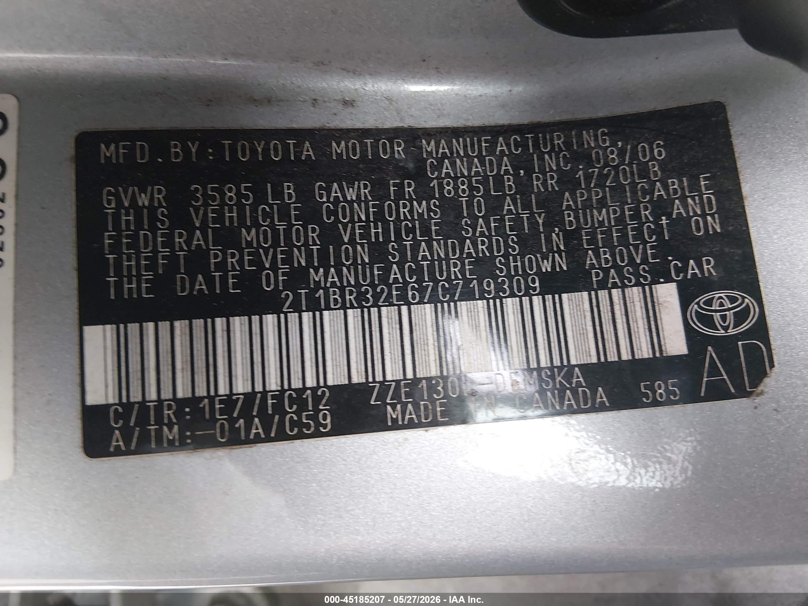 2007 Toyota Corolla S Серебряный vin: 2T1BR32E67C719309