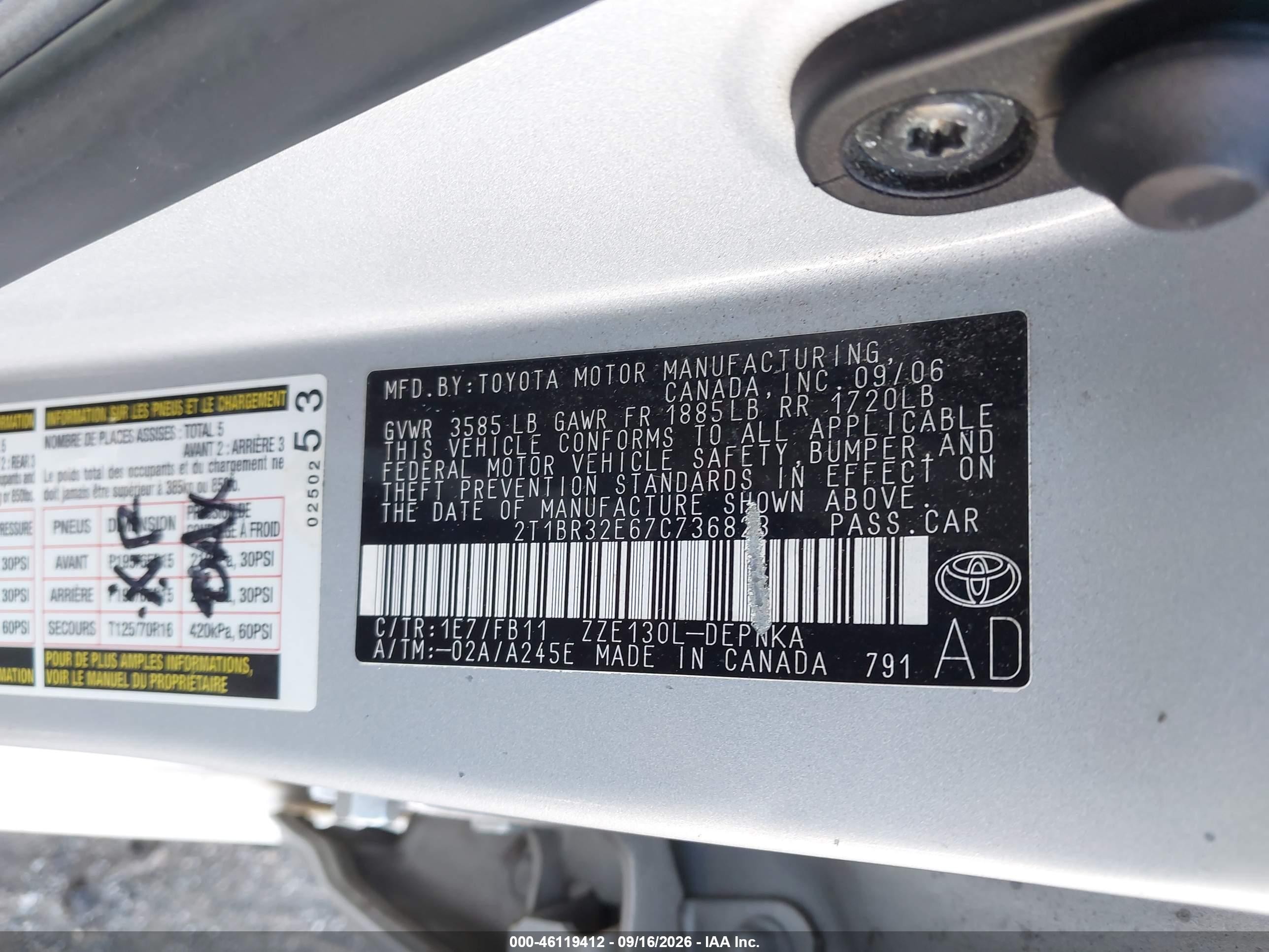 2007 Toyota Corolla Le Silver vin: 2T1BR32E67C736823