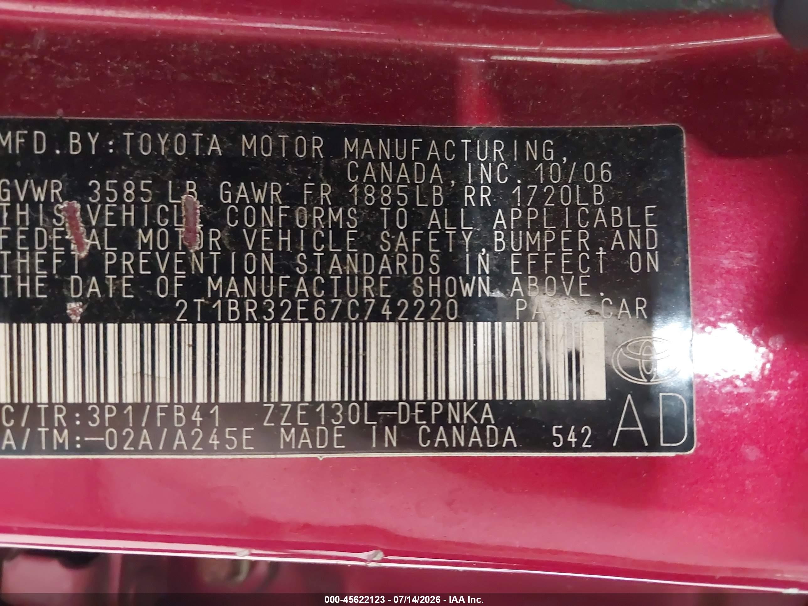 2007 Toyota Corolla Le Red vin: 2T1BR32E67C742220