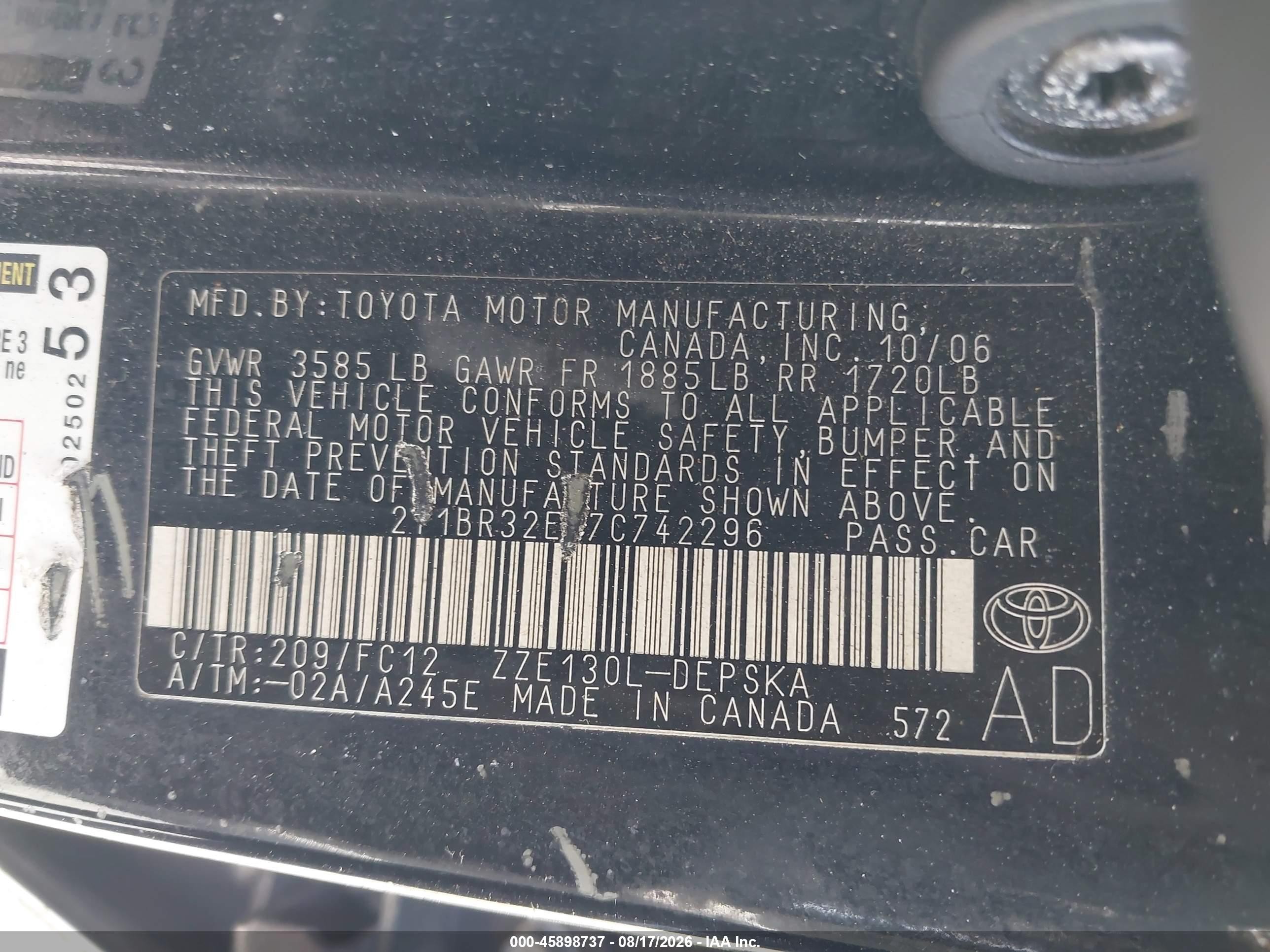 2007 Toyota Corolla S Black vin: 2T1BR32E67C742296