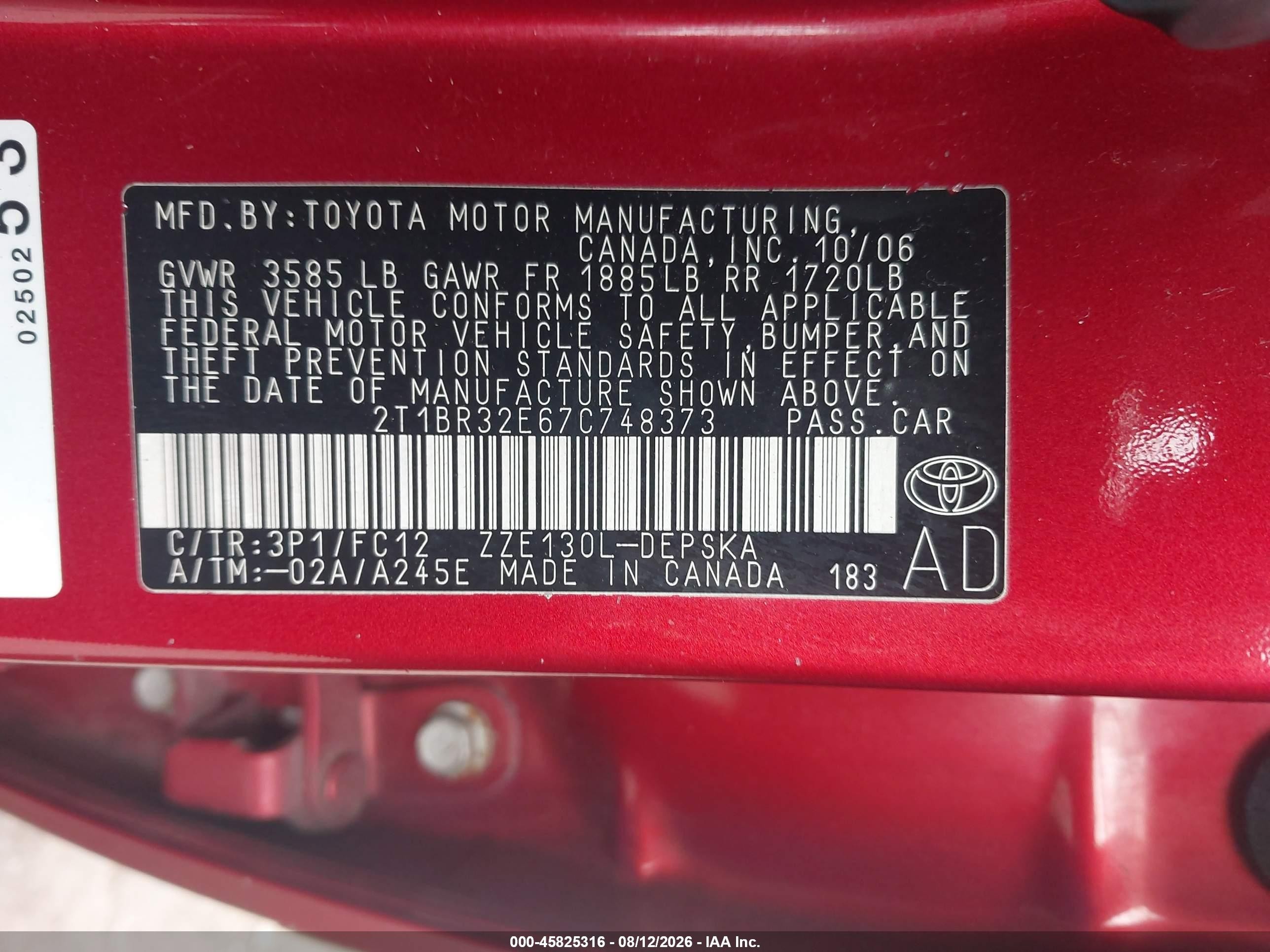 2007 Toyota Corolla S Orange vin: 2T1BR32E67C748373