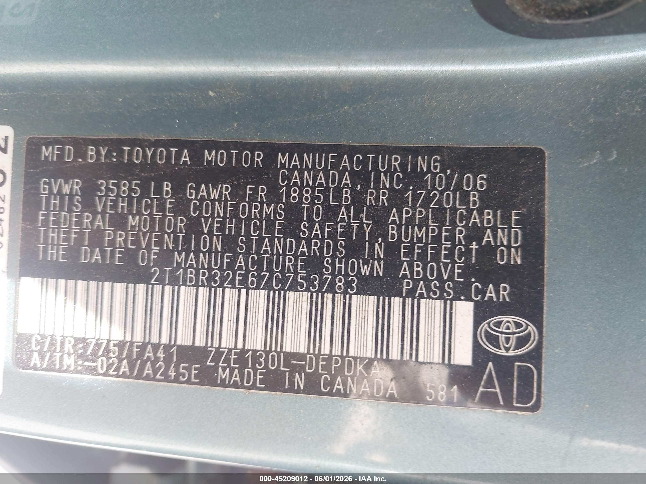 2007 Toyota Corolla Ce Green vin: 2T1BR32E67C753783