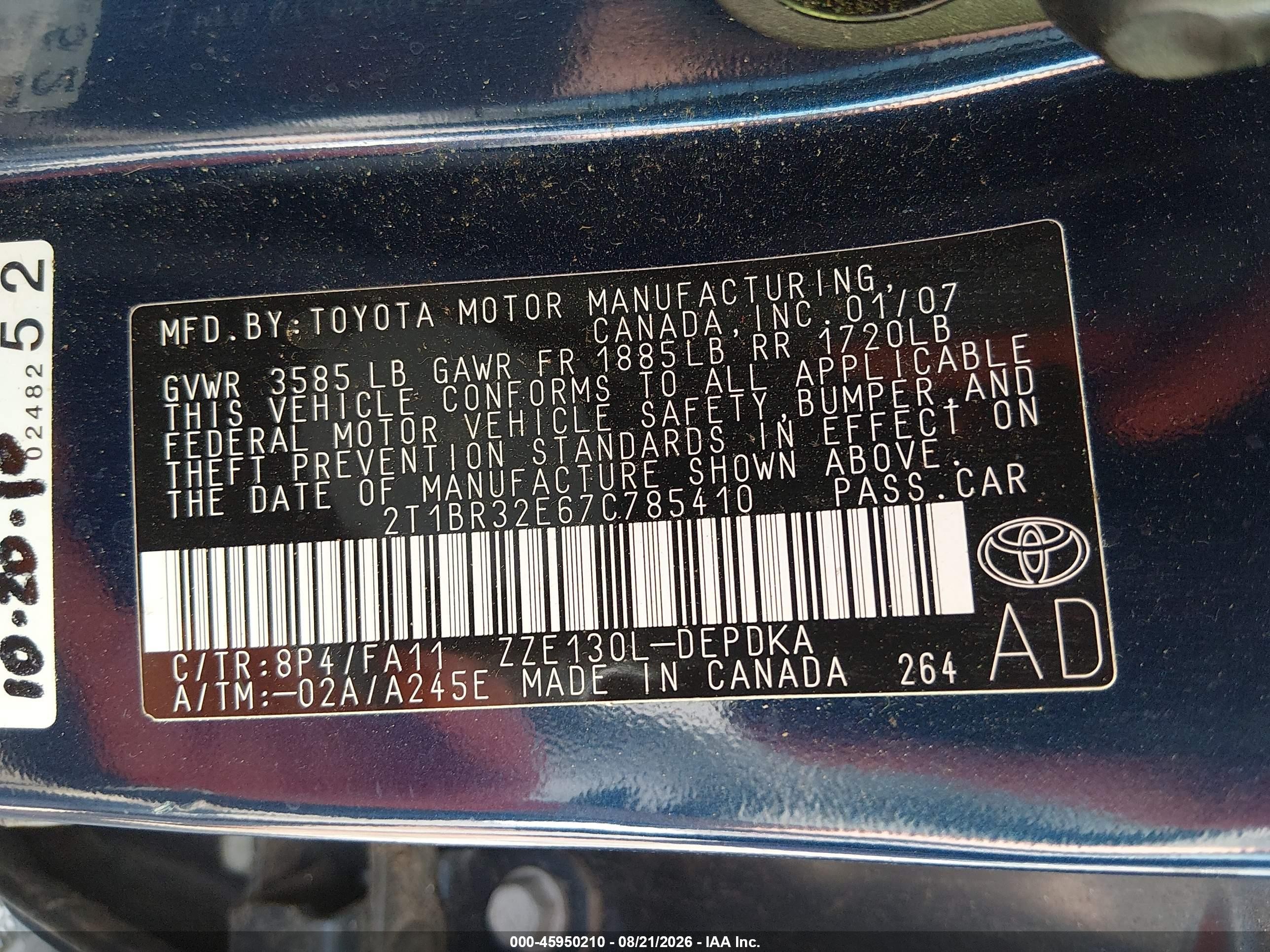2007 Toyota Corolla Ce Blue vin: 2T1BR32E67C785410